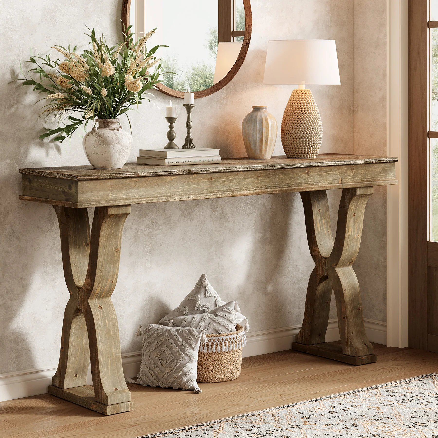 63" Console Table, Solid Wood Sofa Console Entryway Table with X-Shaped Legs - Image 10