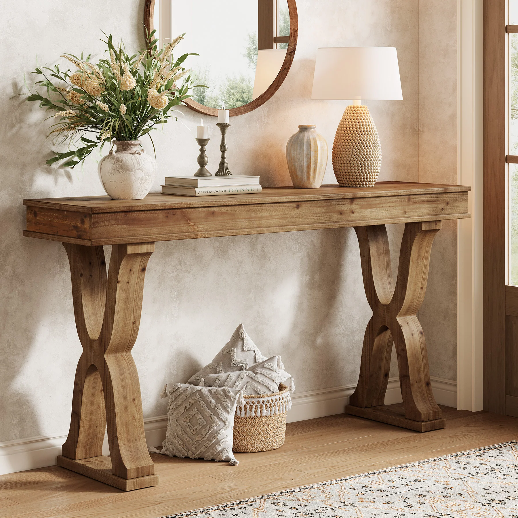 63" Console Table, Solid Wood Sofa Console Entryway Table with X-Shaped Legs - Image 3