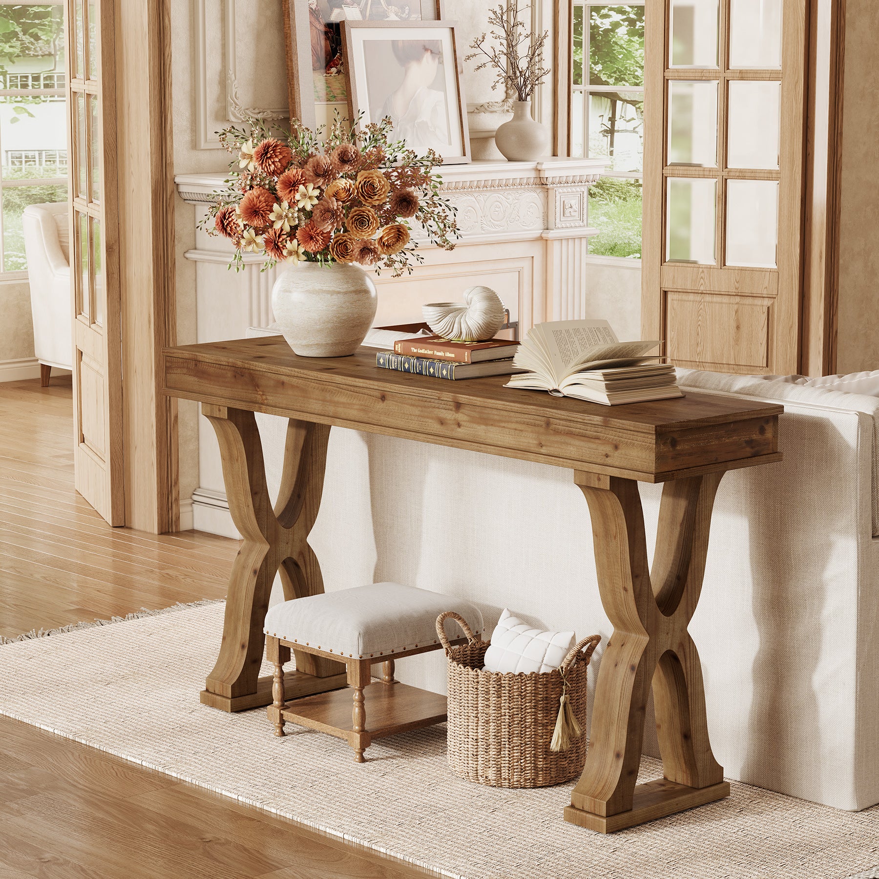 63" Console Table, Solid Wood Sofa Console Entryway Table with X-Shaped Legs - Image 4