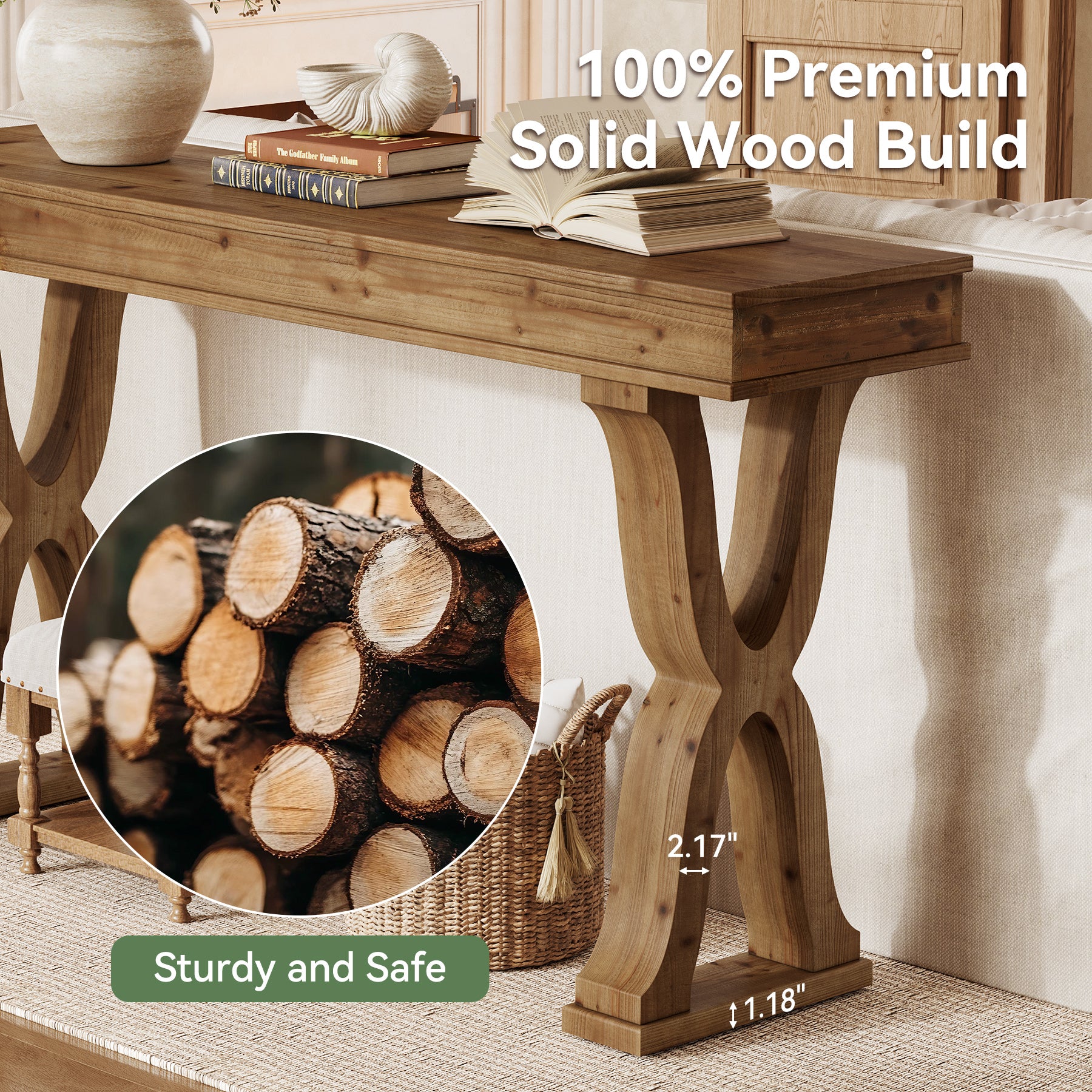 63" Console Table, Solid Wood Sofa Console Entryway Table with X-Shaped Legs - Image 7