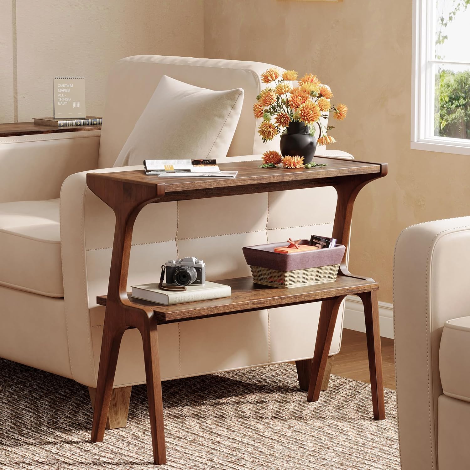2-Tier Slim End Table,  Solid Wood Sofa Side Table with Storage Shelf - Image 10