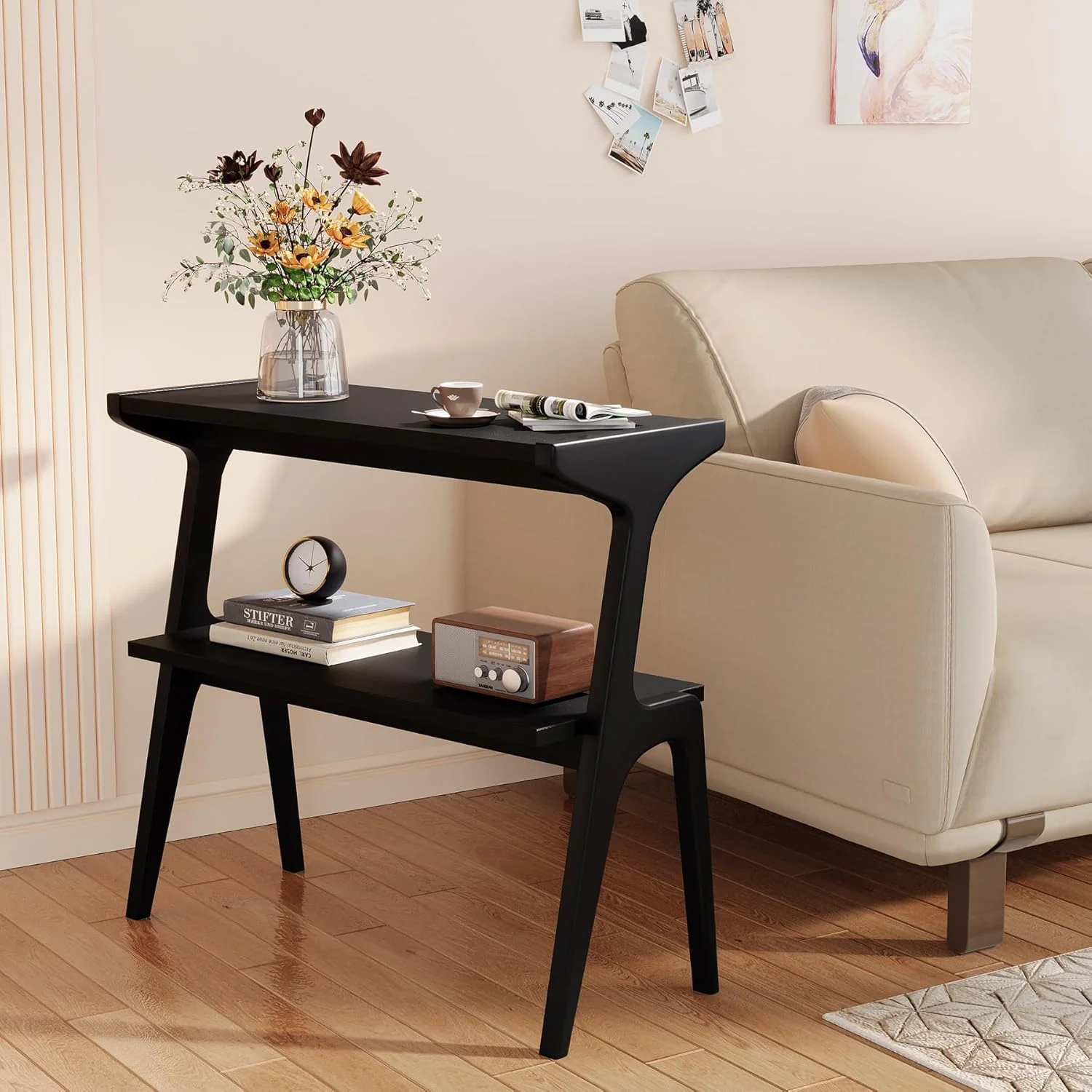 2-Tier Slim End Table,  Solid Wood Sofa Side Table with Storage Shelf - Image 12