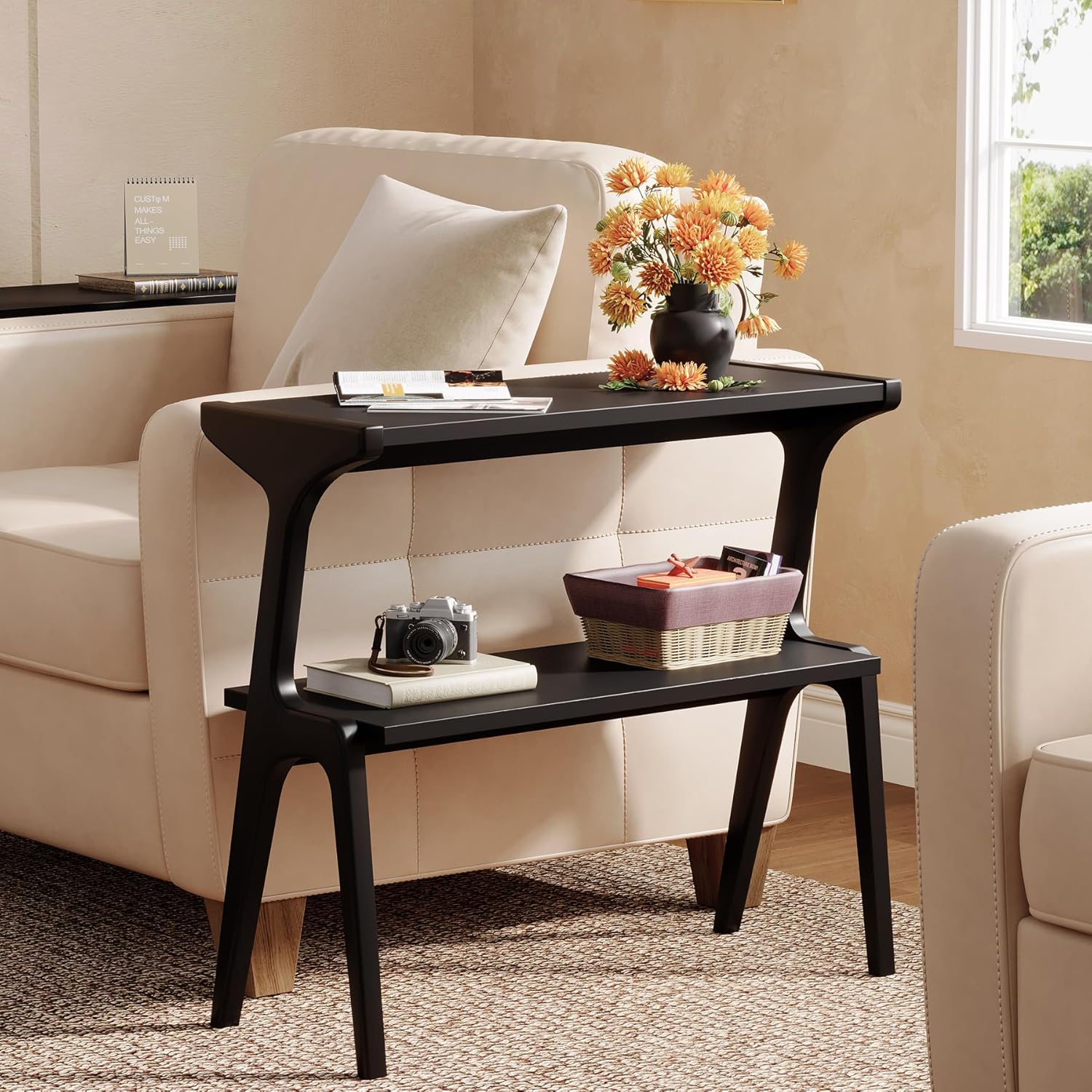 2-Tier Slim End Table,  Solid Wood Sofa Side Table with Storage Shelf - Image 13