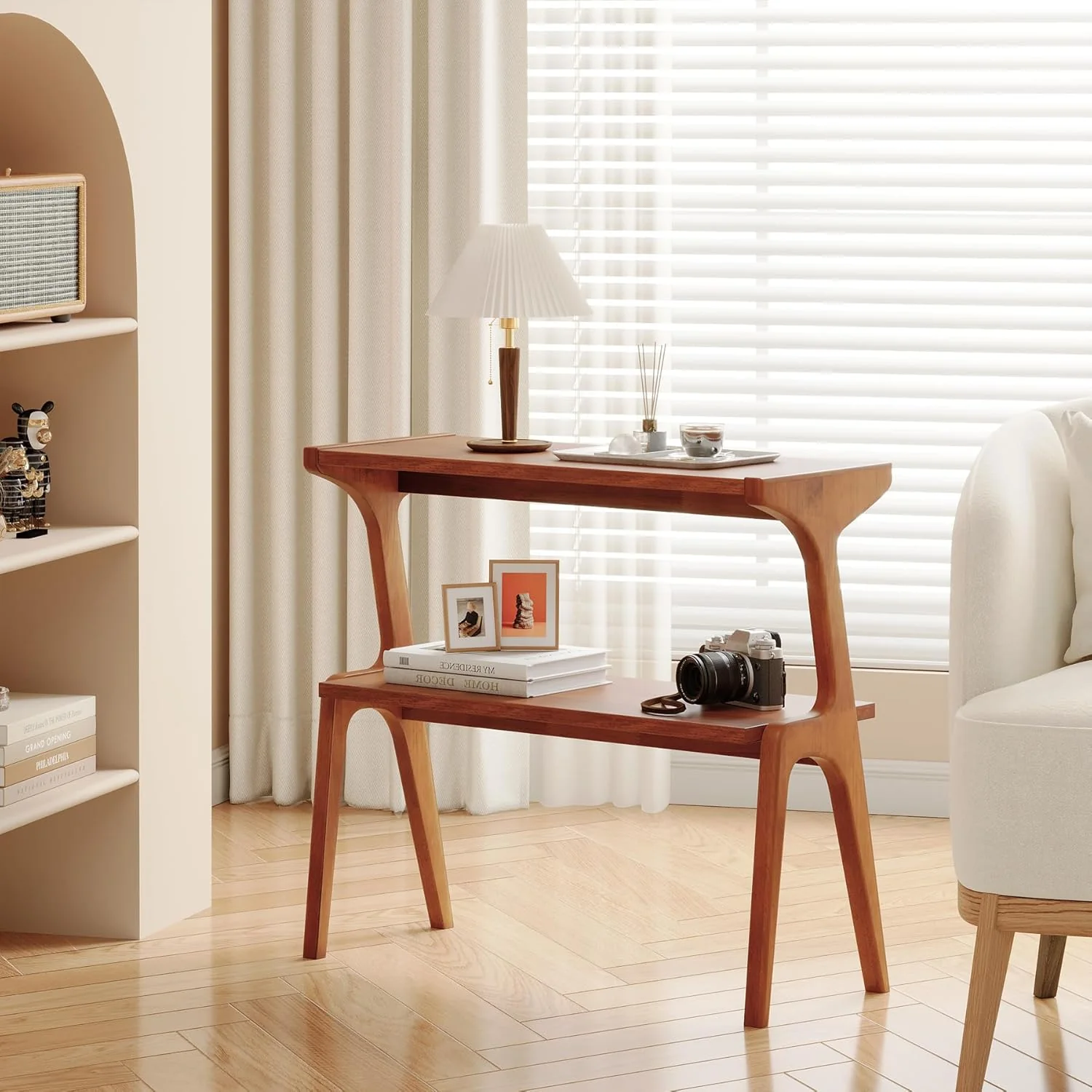 2-Tier Slim End Table,  Solid Wood Sofa Side Table with Storage Shelf - Image 3
