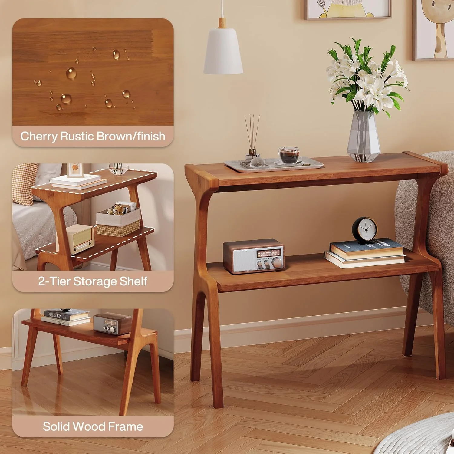 2-Tier Slim End Table,  Solid Wood Sofa Side Table with Storage Shelf - Image 4