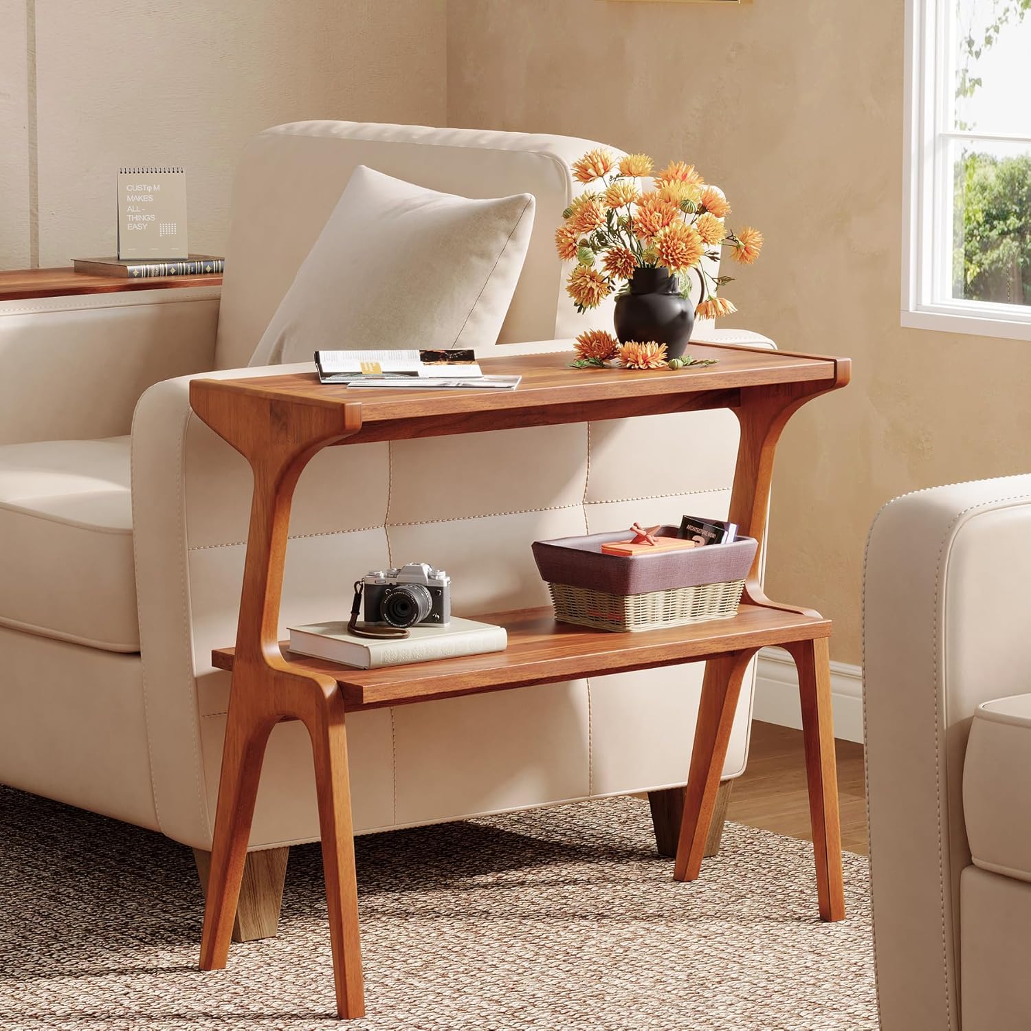 2-Tier Slim End Table,  Solid Wood Sofa Side Table with Storage Shelf - Image 5