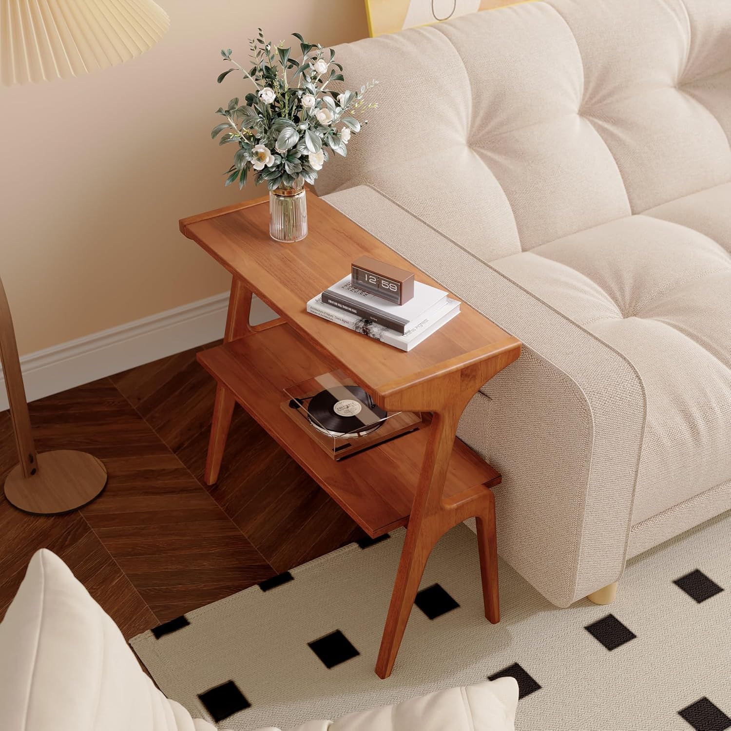 2-Tier Slim End Table,  Solid Wood Sofa Side Table with Storage Shelf - Image 6