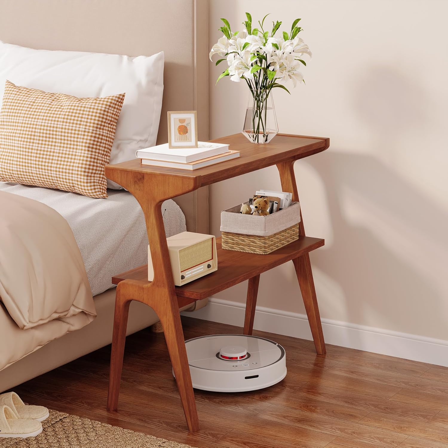 2-Tier Slim End Table,  Solid Wood Sofa Side Table with Storage Shelf - Image 7