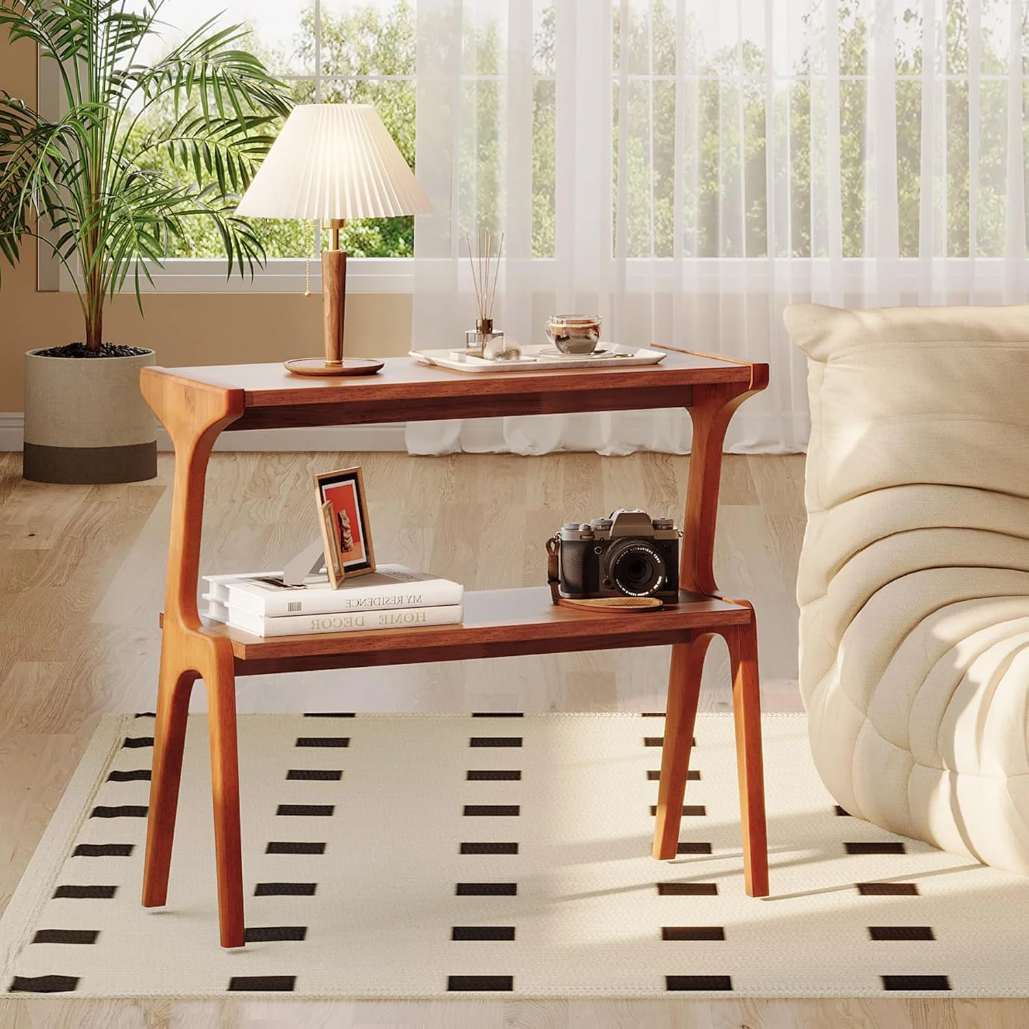 2-Tier Slim End Table,  Solid Wood Sofa Side Table with Storage Shelf - Image 8