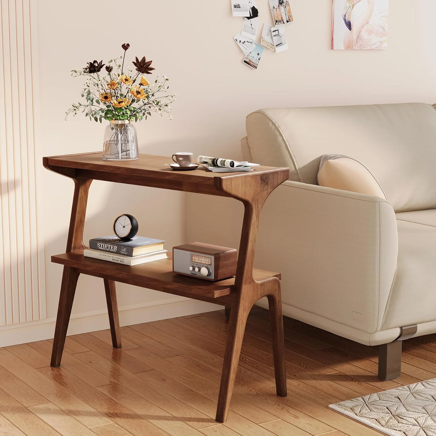 2-Tier Slim End Table,  Solid Wood Sofa Side Table with Storage Shelf - Image 9