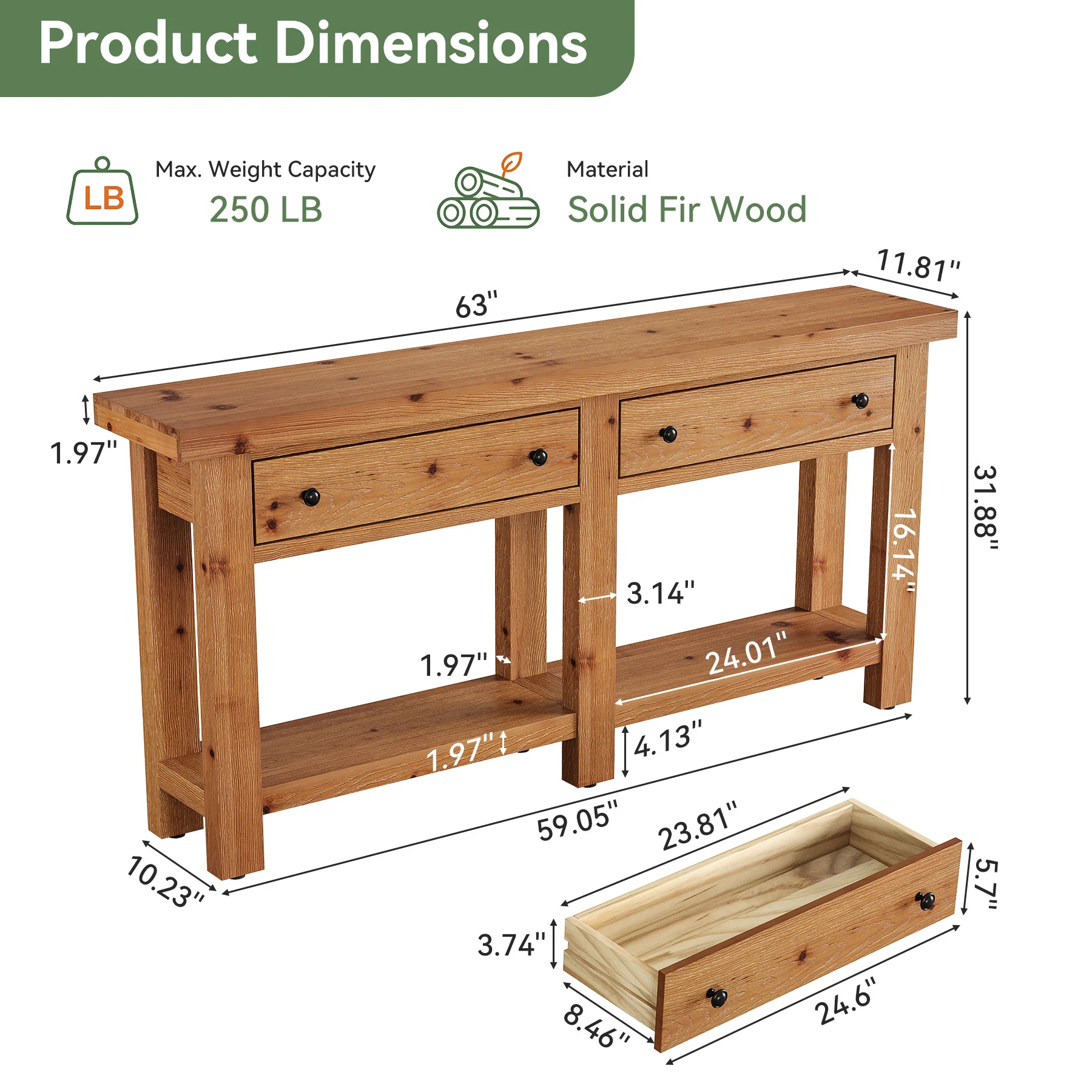 63" Console Table, Solid Wood Sofa Tables Behind Couch with 2 Drawers for Entryway - Image 2