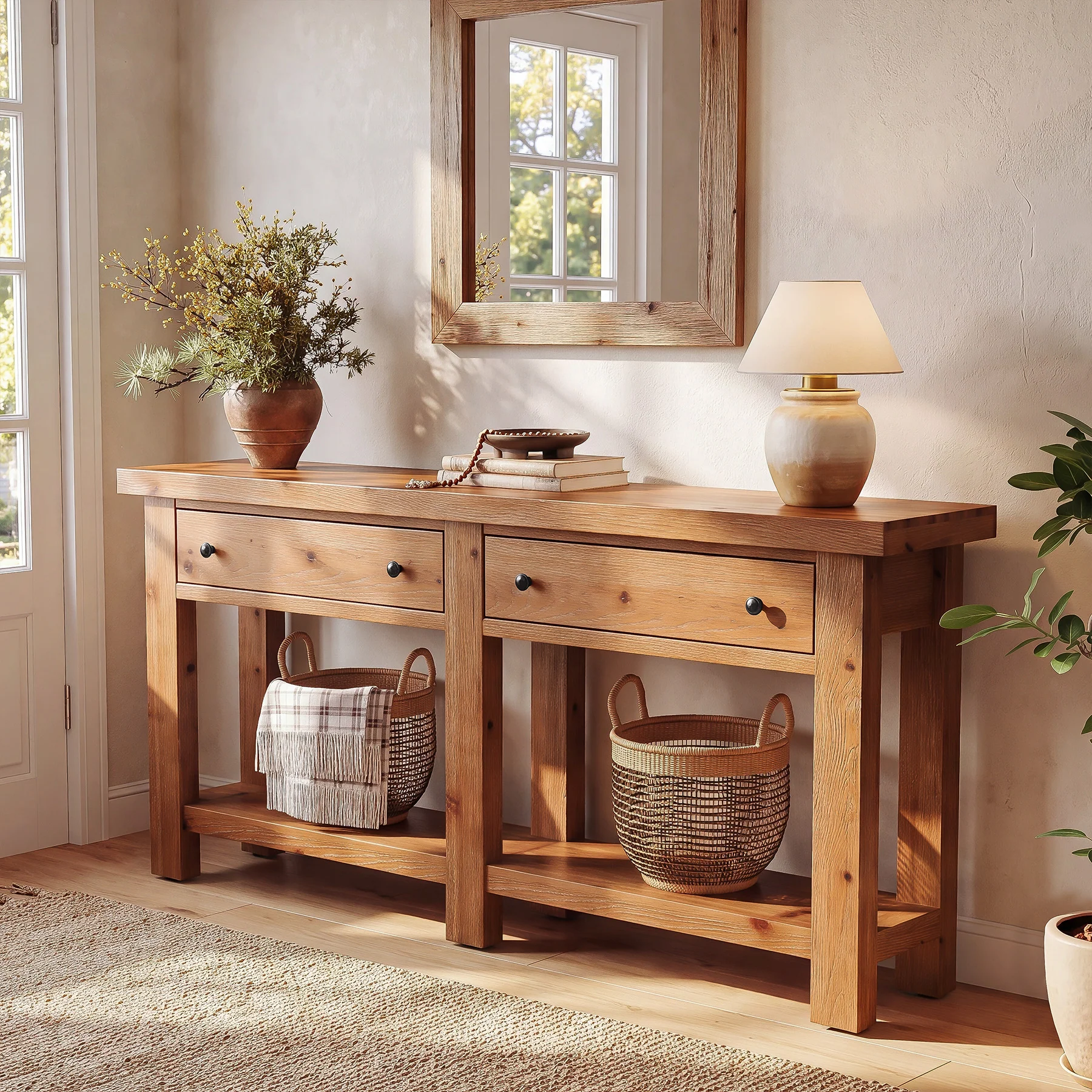 63" Console Table, Solid Wood Sofa Tables Behind Couch with 2 Drawers for Entryway - Image 4
