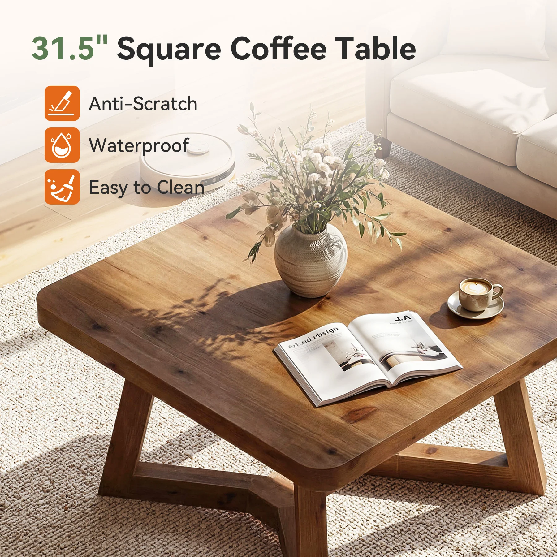 Solid Wood Square Coffee Table, 31.5" Simple Center Table for Living Room - Image 7