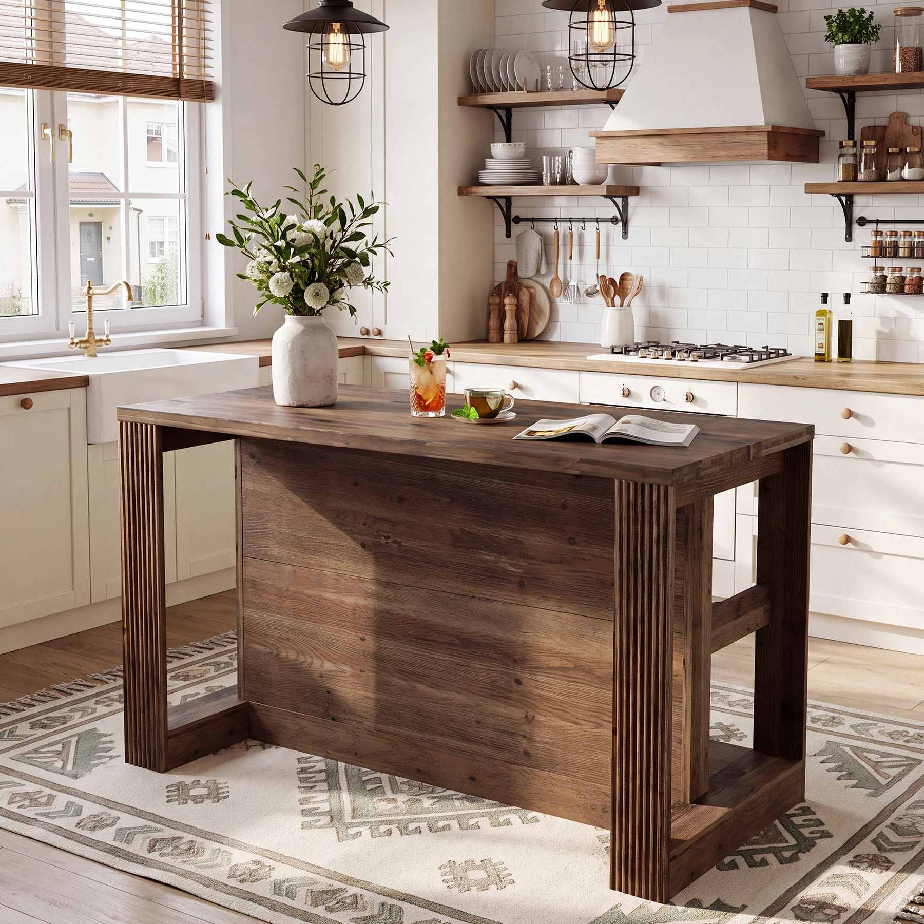 55" Kitchen Island Table, Solid Wood Stationary Storage Islands with 2-Tier Shelves - Image 3