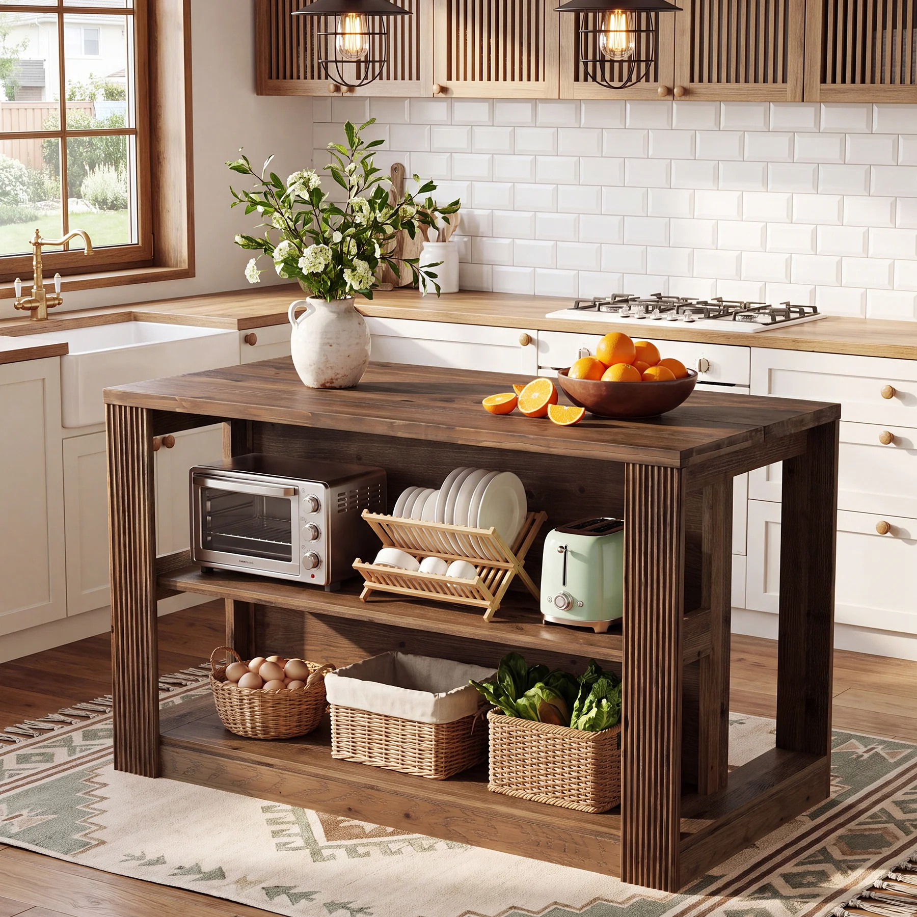 55" Kitchen Island Table, Solid Wood Stationary Storage Islands with 2-Tier Shelves - Image 4