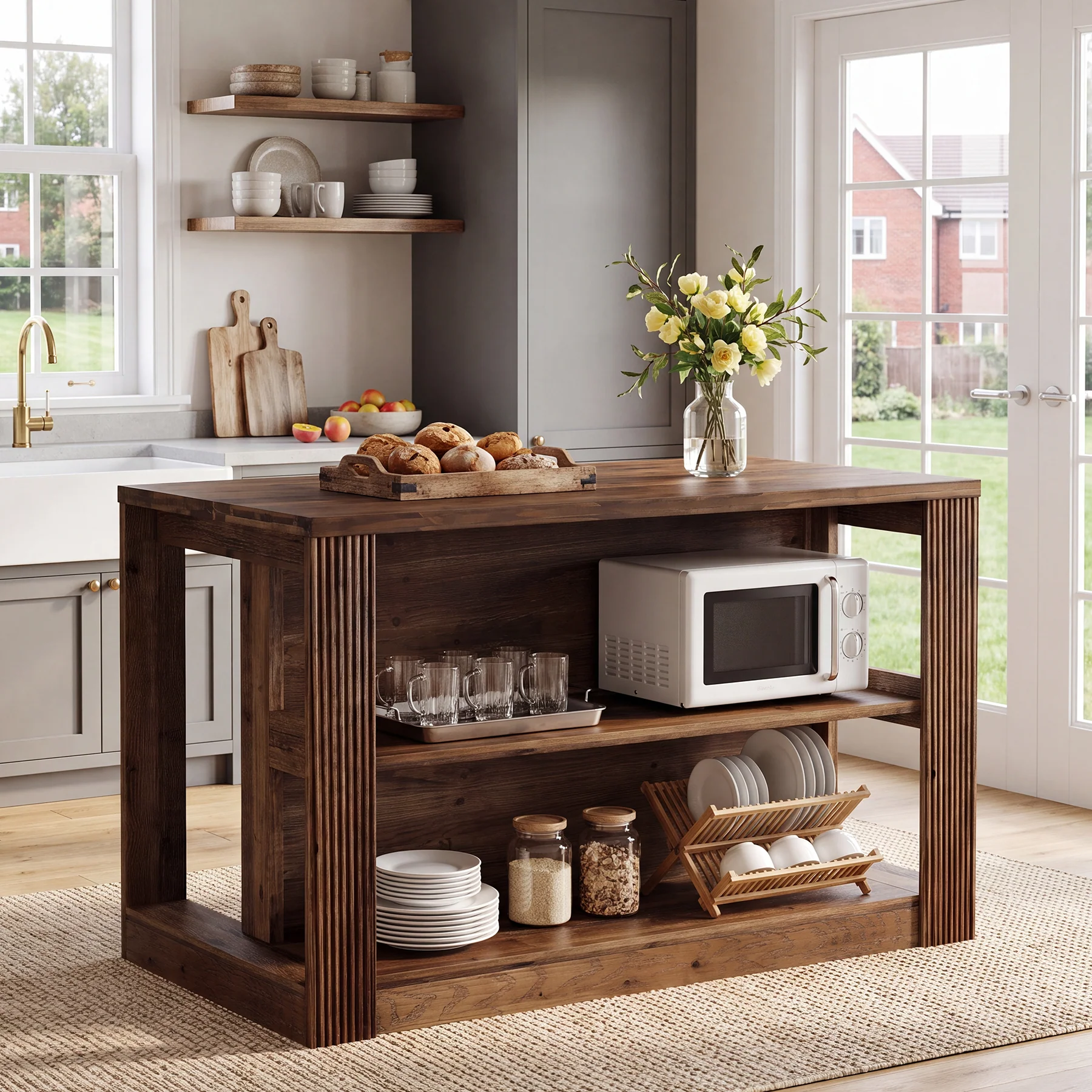 55" Kitchen Island Table, Solid Wood Stationary Storage Islands with 2-Tier Shelves - Image 5