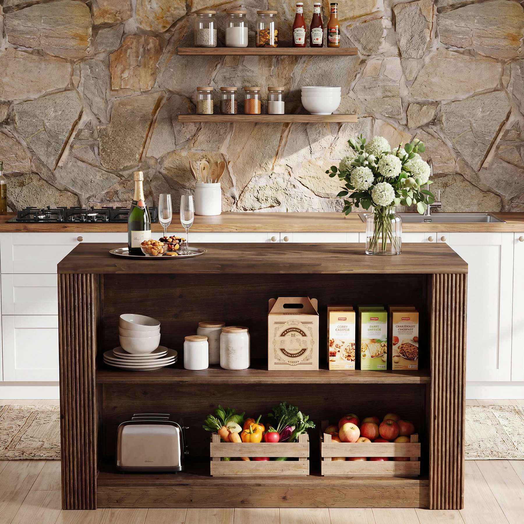 55" Kitchen Island Table, Solid Wood Stationary Storage Islands with 2-Tier Shelves - Image 6
