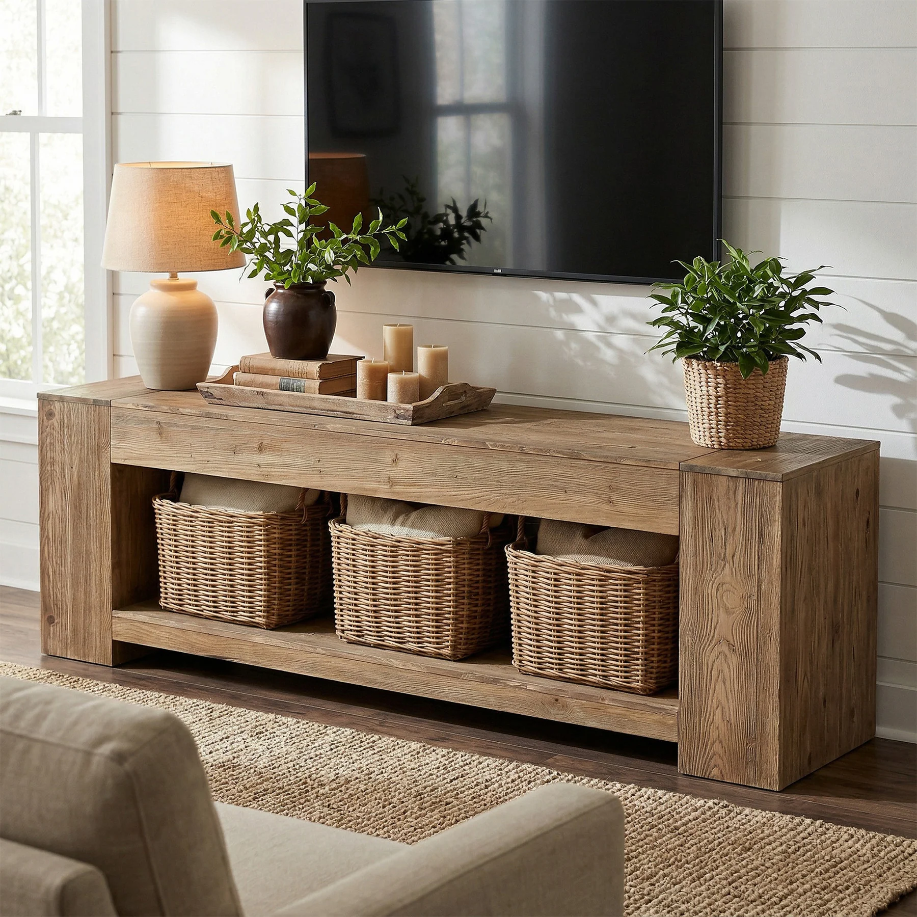 Tribesigns 63" Solid Wood TV Stand, Farmhouse Console for Living Room - Image 4
