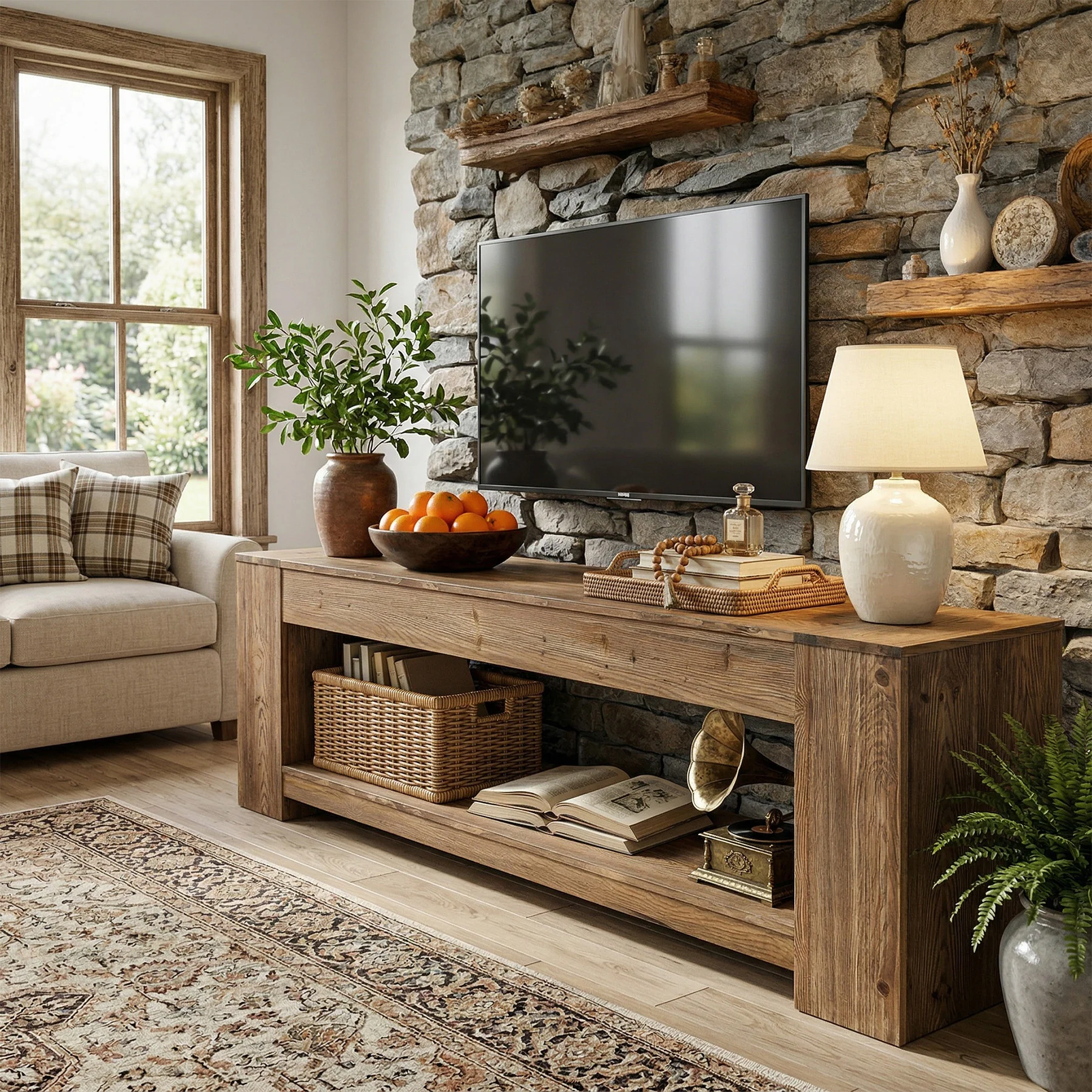 Tribesigns 63" Solid Wood TV Stand, Farmhouse Console for Living Room - Image 5