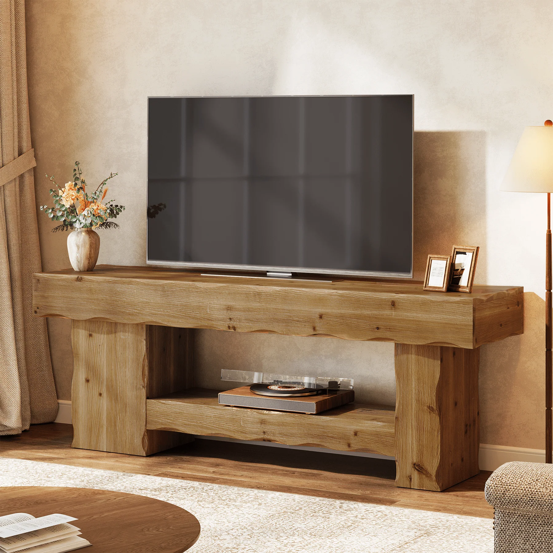 Solid Wood TV Stand for up to 75" TVs, 63" Media Console Entertainment with Shelves - Image 3