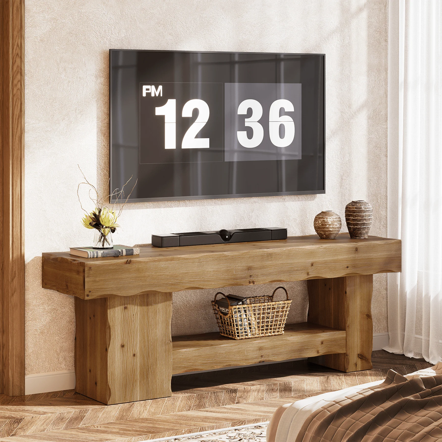 Solid Wood TV Stand for up to 75" TVs, 63" Media Console Entertainment with Shelves - Image 4