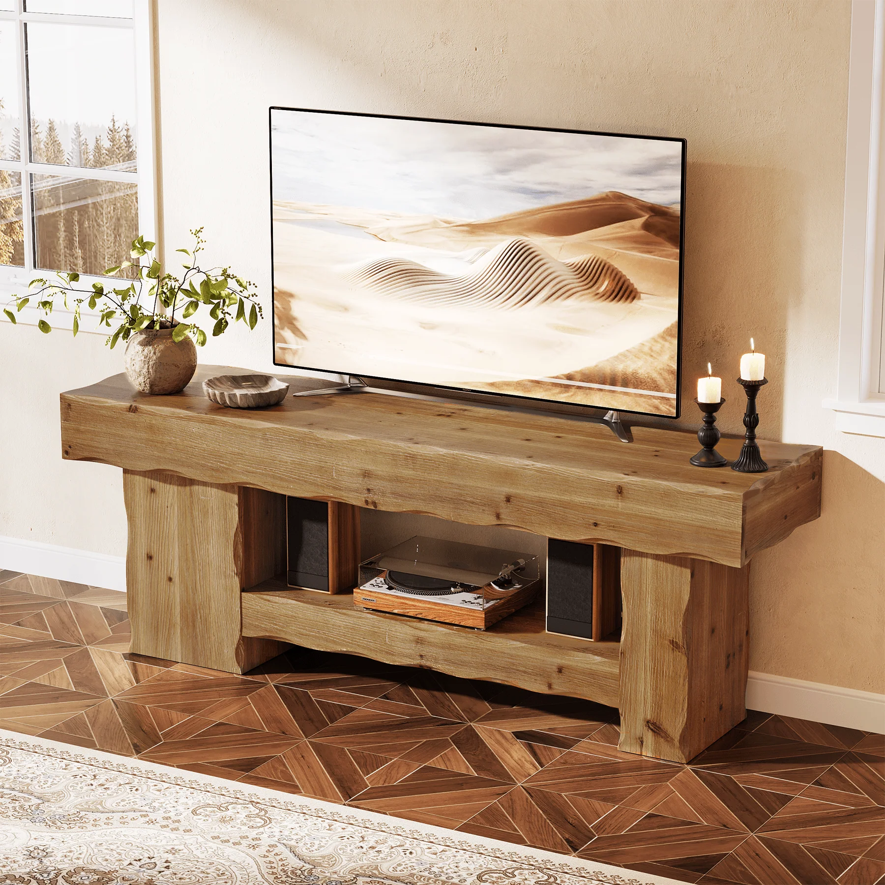 Solid Wood TV Stand for up to 75" TVs, 63" Media Console Entertainment with Shelves - Image 5