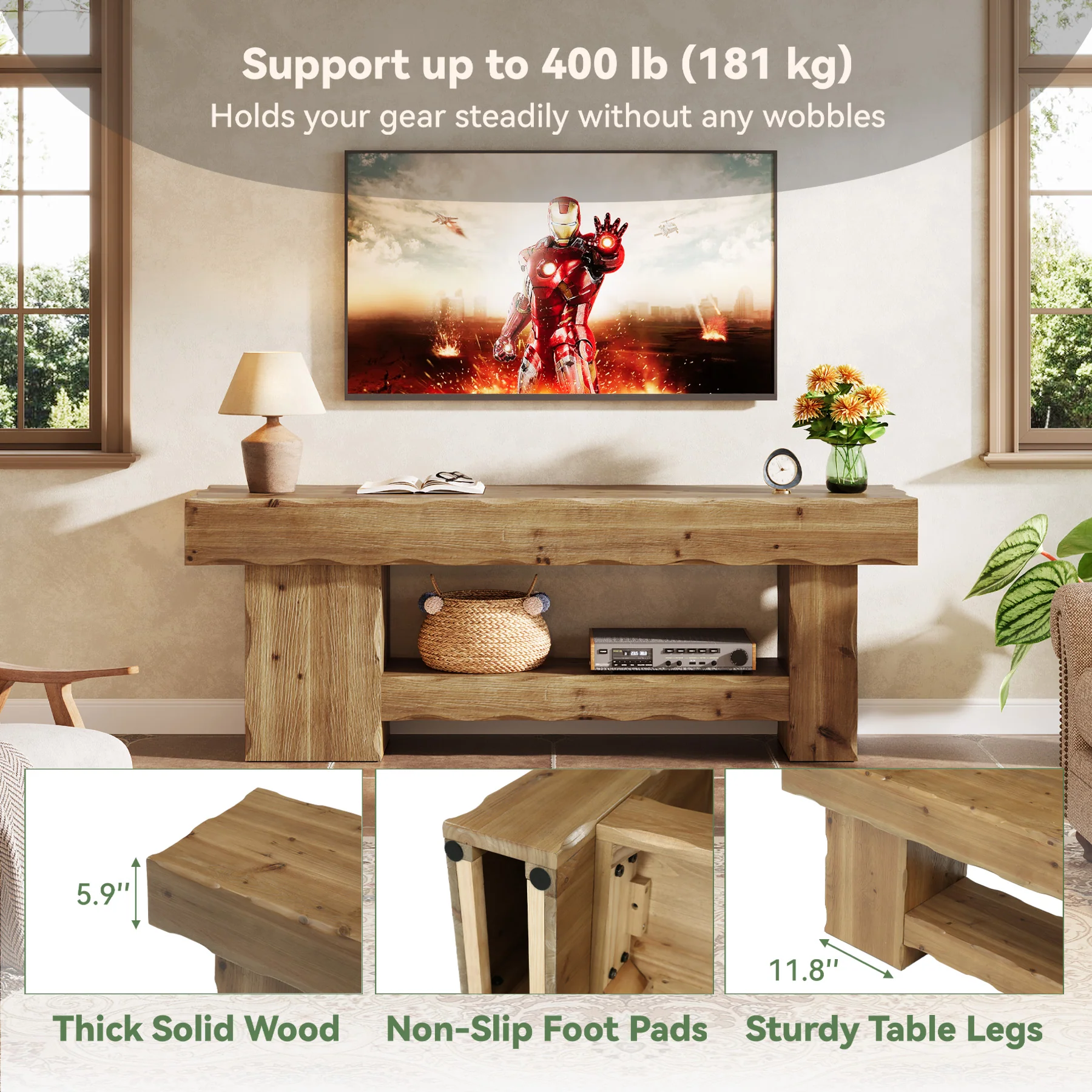 Solid Wood TV Stand for up to 75" TVs, 63" Media Console Entertainment with Shelves - Image 6