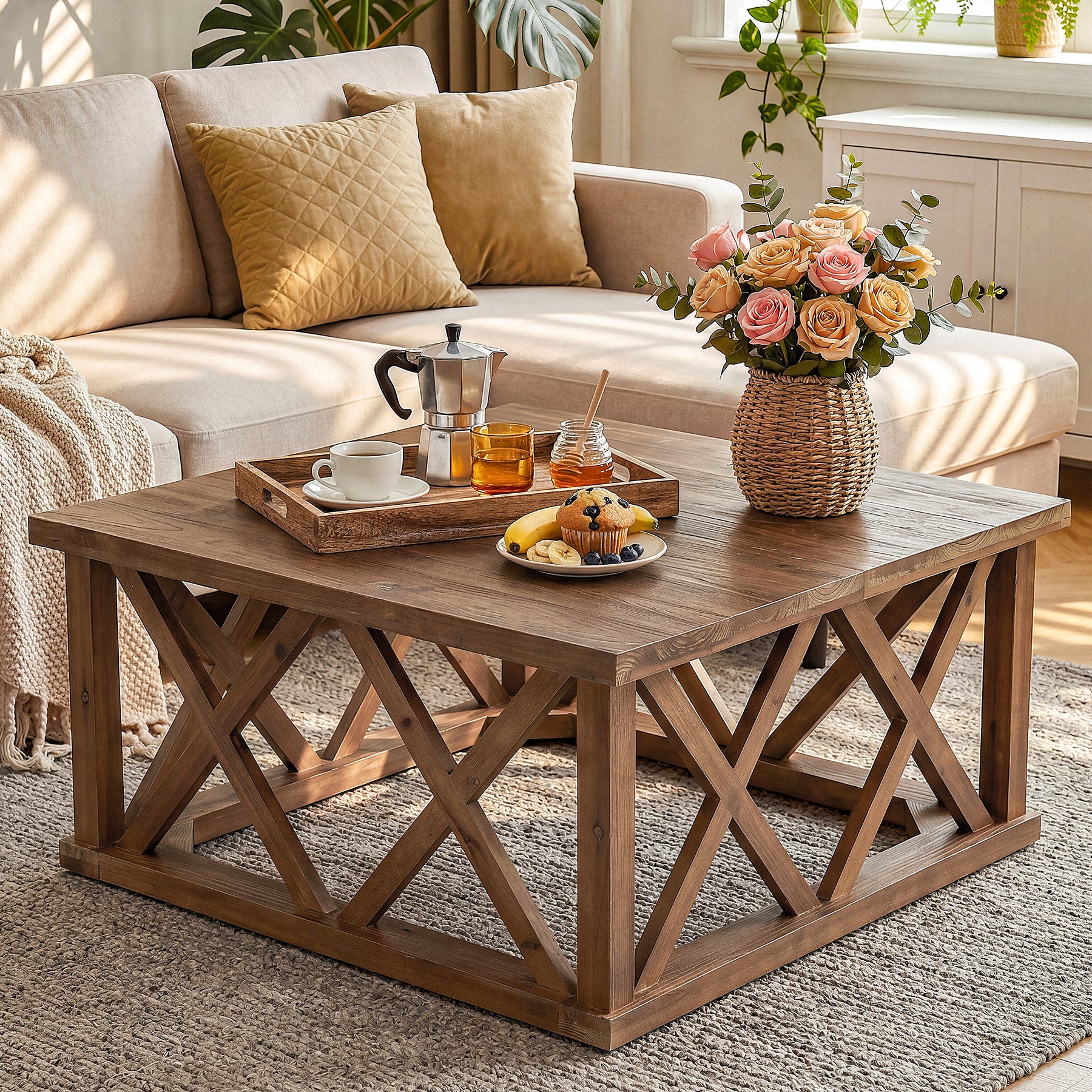 Tribesigns 39.37" Solid Wood Coffee Table, Square Farmhouse Table for Living Room - Image 12