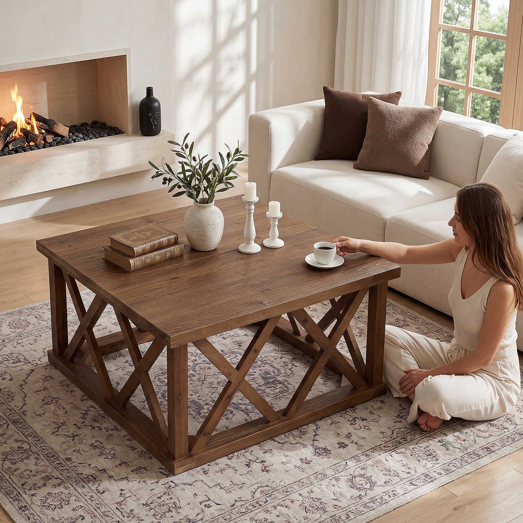 Tribesigns 39.37" Solid Wood Coffee Table, Square Farmhouse Table for Living Room - Image 9