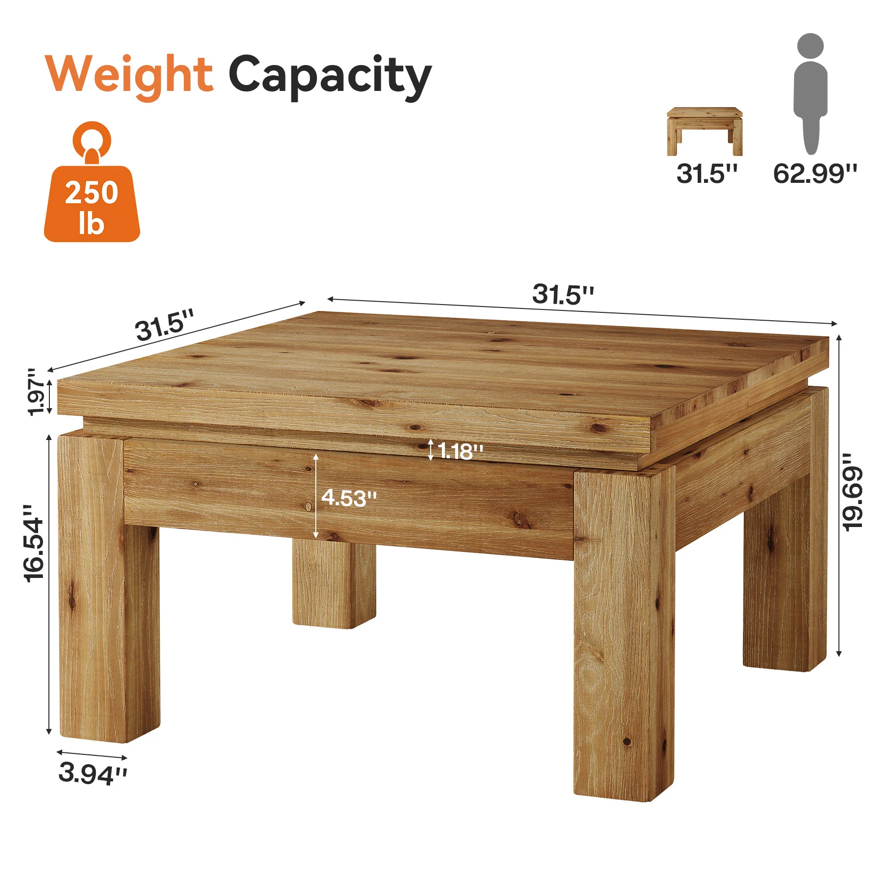 Tribesigns 31.5" Square Coffee Table with Solid Wood Build, Farmhouse Table for Living Room and Small Spaces - Image 2