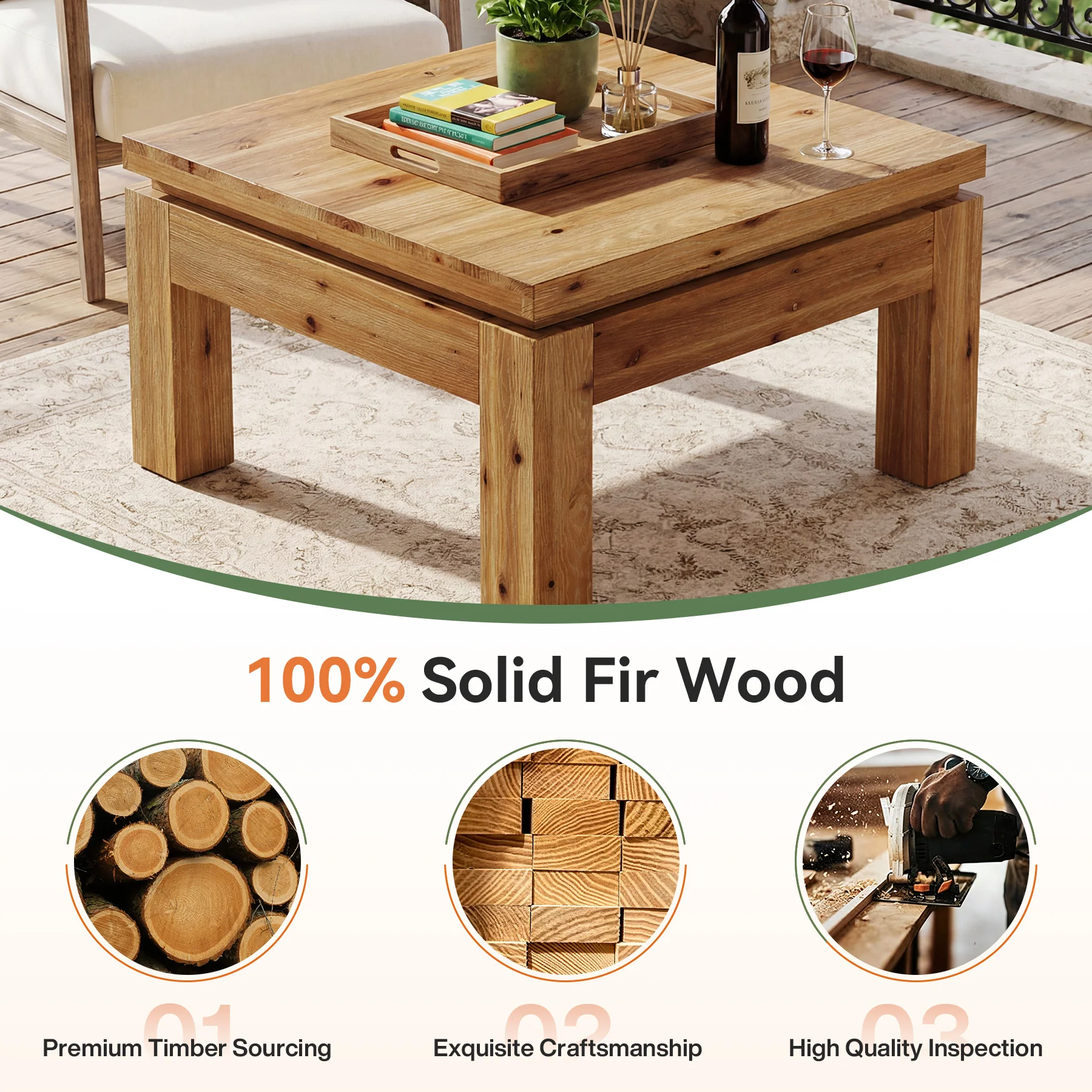 Tribesigns 31.5" Square Coffee Table with Solid Wood Build, Farmhouse Table for Living Room and Small Spaces - Image 3