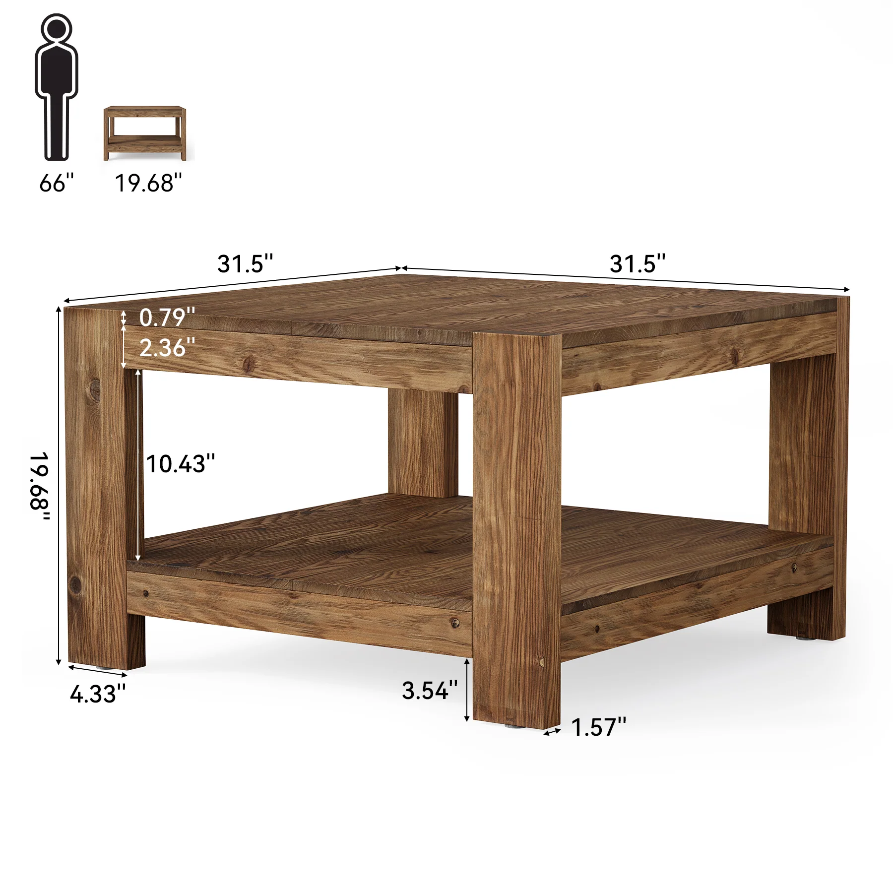 31.5" Wood Coffee Table, Square Farmhouse Center Table with Storage Shelf - Image 2