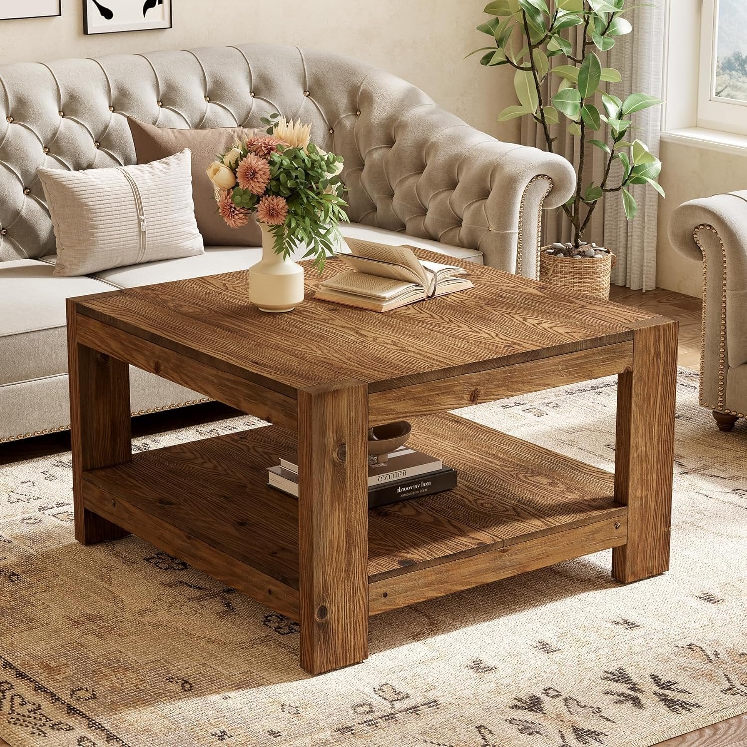 31.5" Wood Coffee Table, Square Farmhouse Center Table with Storage Shelf - Image 3