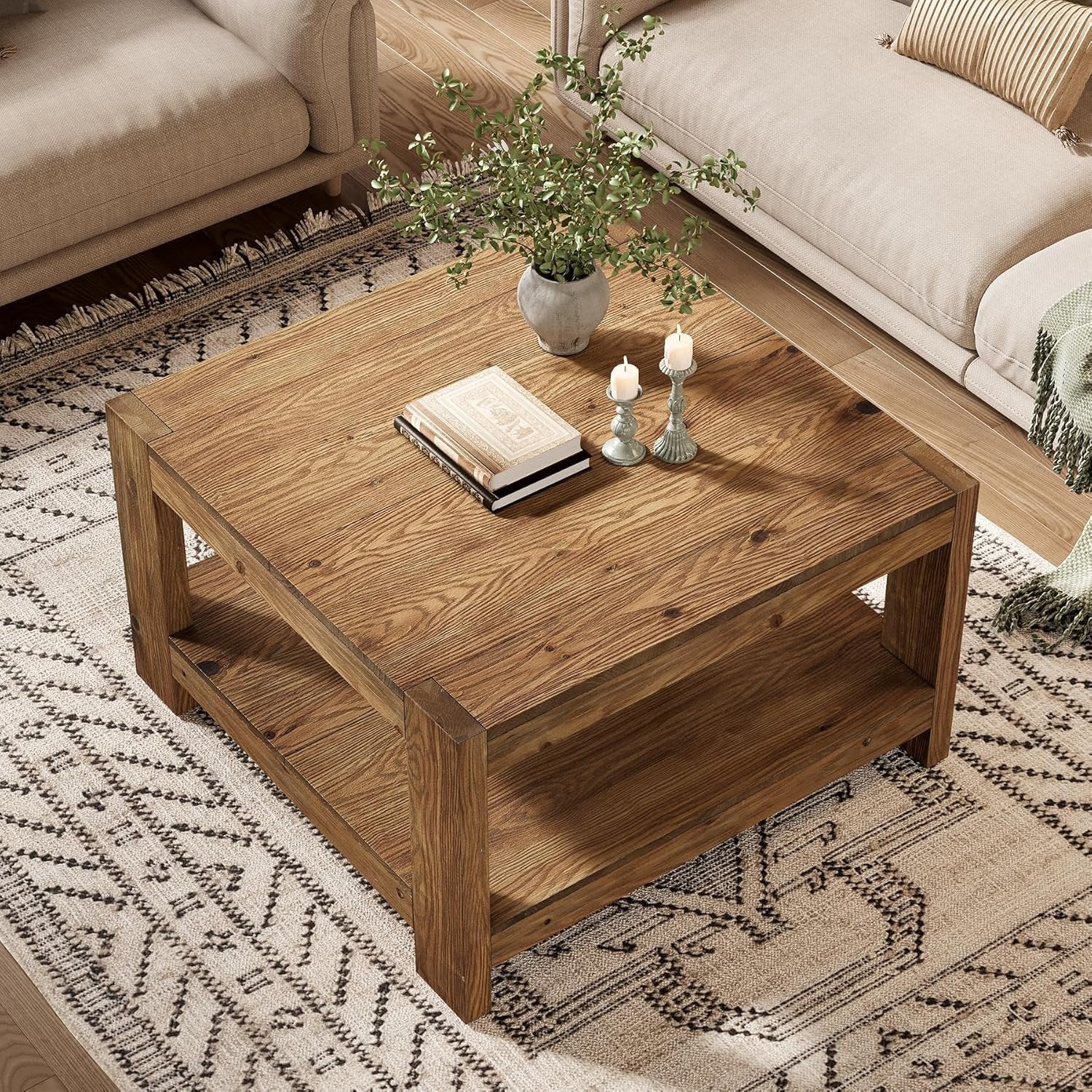 31.5" Wood Coffee Table, Square Farmhouse Center Table with Storage Shelf - Image 4