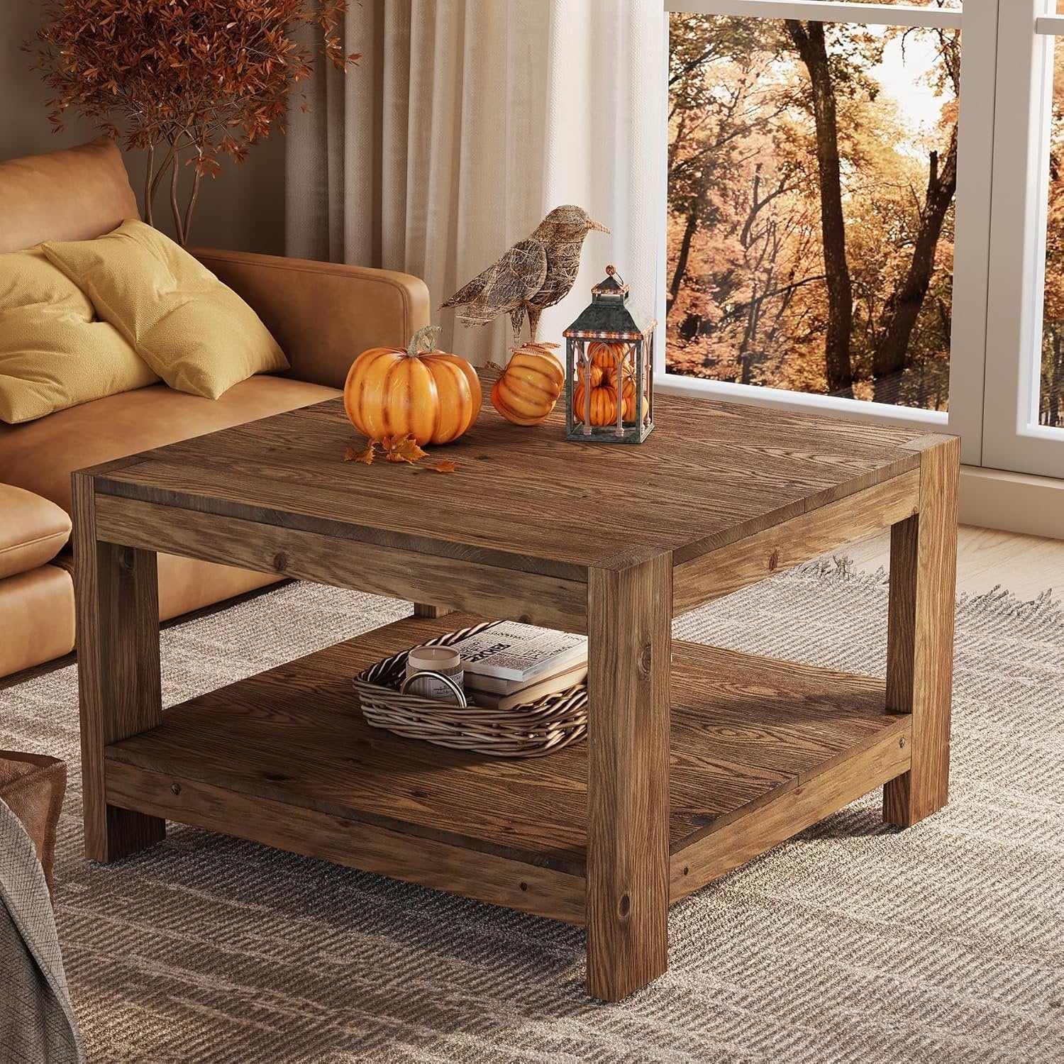 31.5" Wood Coffee Table, Square Farmhouse Center Table with Storage Shelf - Image 5