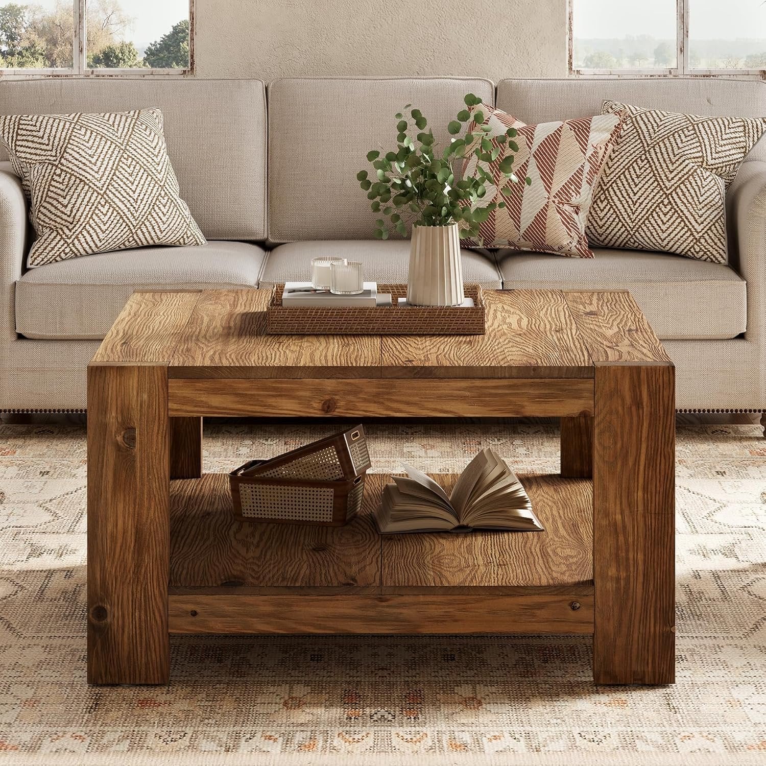31.5" Wood Coffee Table, Square Farmhouse Center Table with Storage Shelf - Image 6
