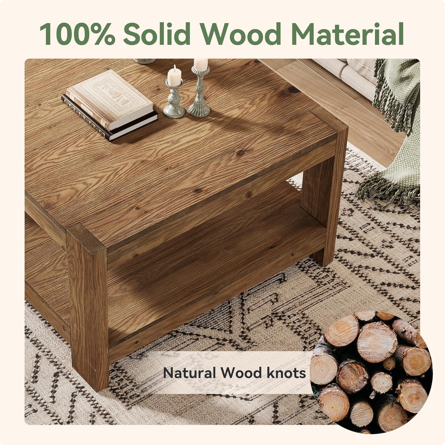 31.5" Wood Coffee Table, Square Farmhouse Center Table with Storage Shelf - Image 7