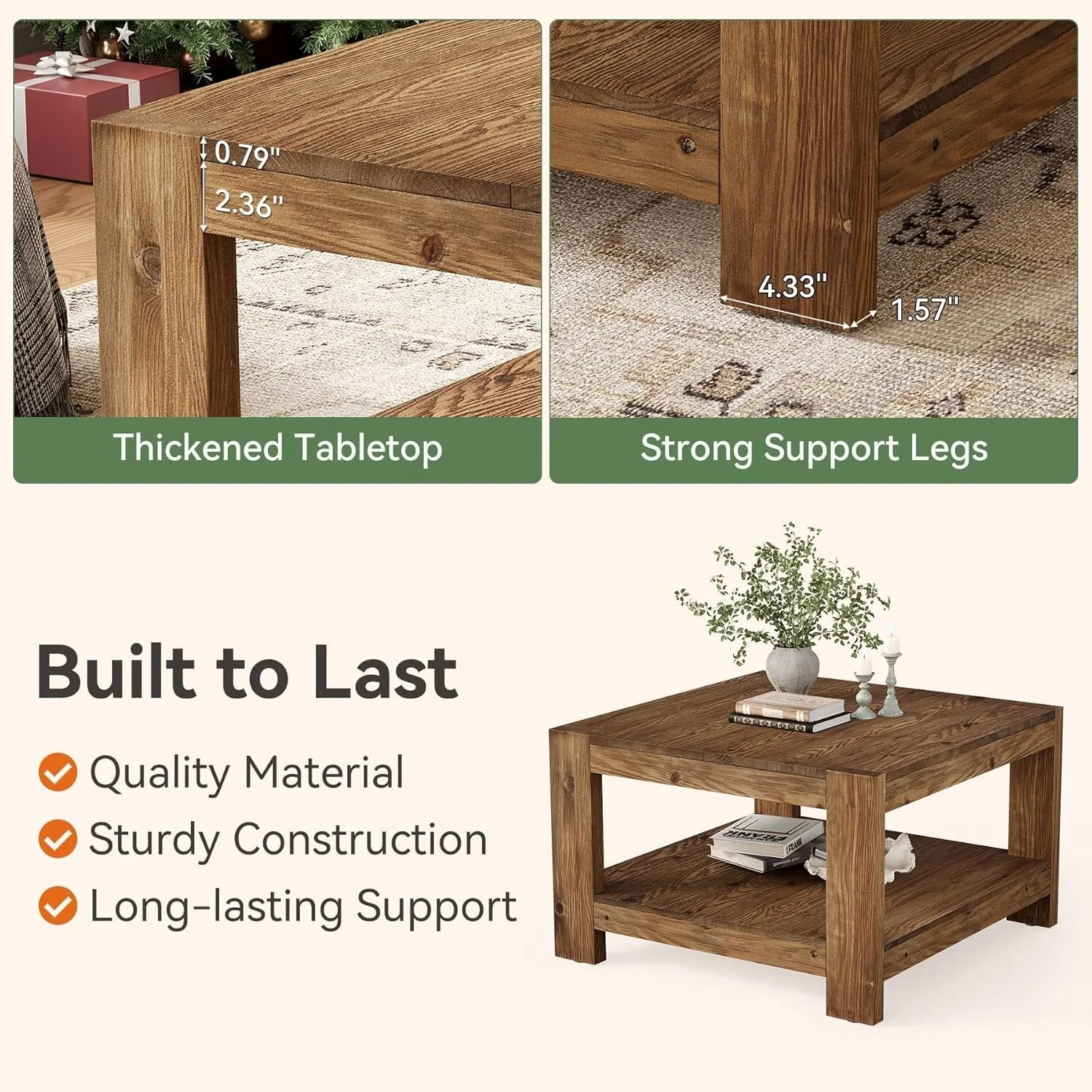 31.5" Wood Coffee Table, Square Farmhouse Center Table with Storage Shelf - Image 8