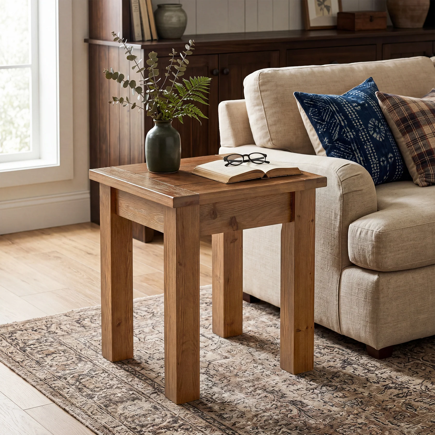 Square Solid Wood Side Table, Farmhouse End Tale with Stable Legs for Small Spaces