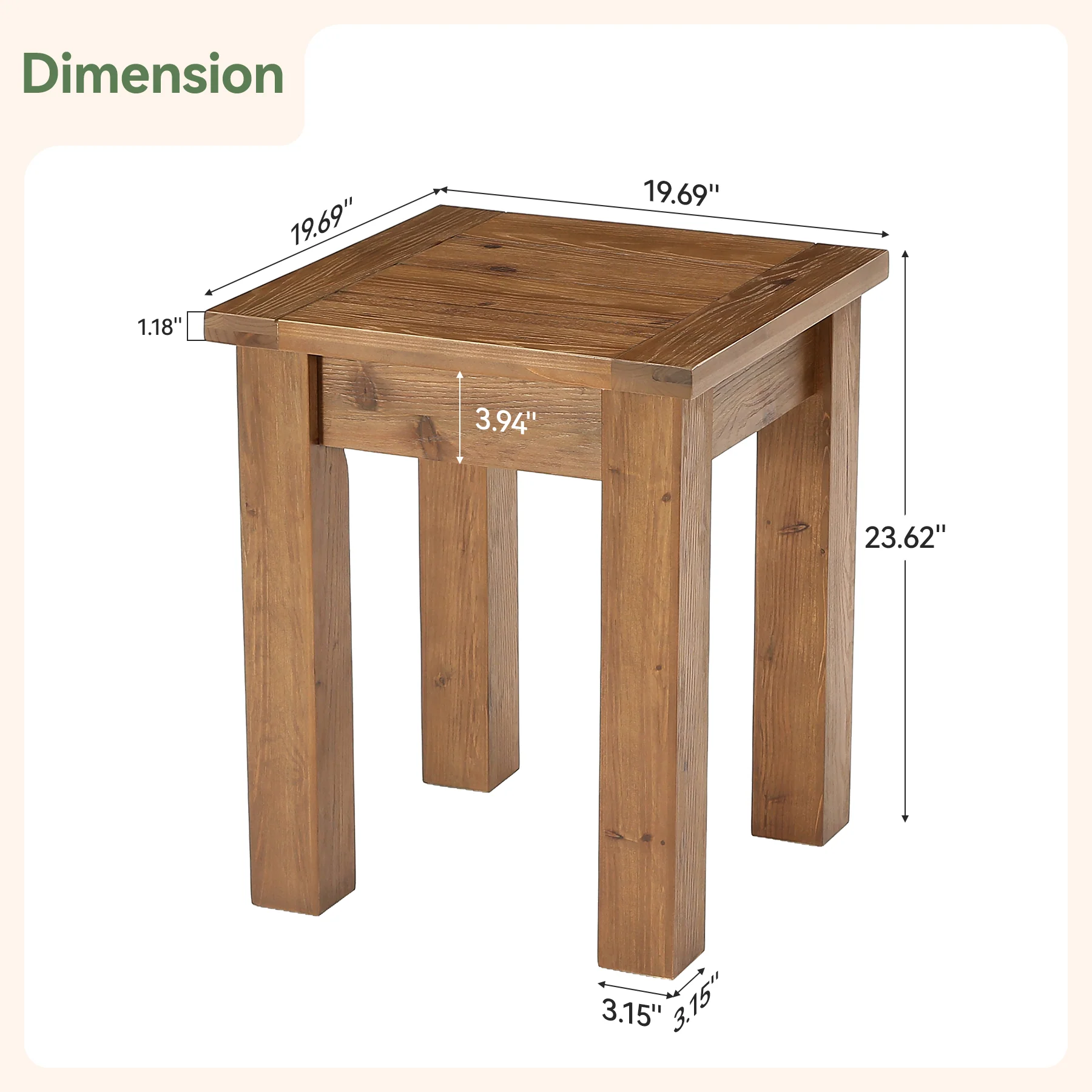 Square Solid Wood Side Table, Farmhouse End Tale with Stable Legs for Small Spaces - Image 2