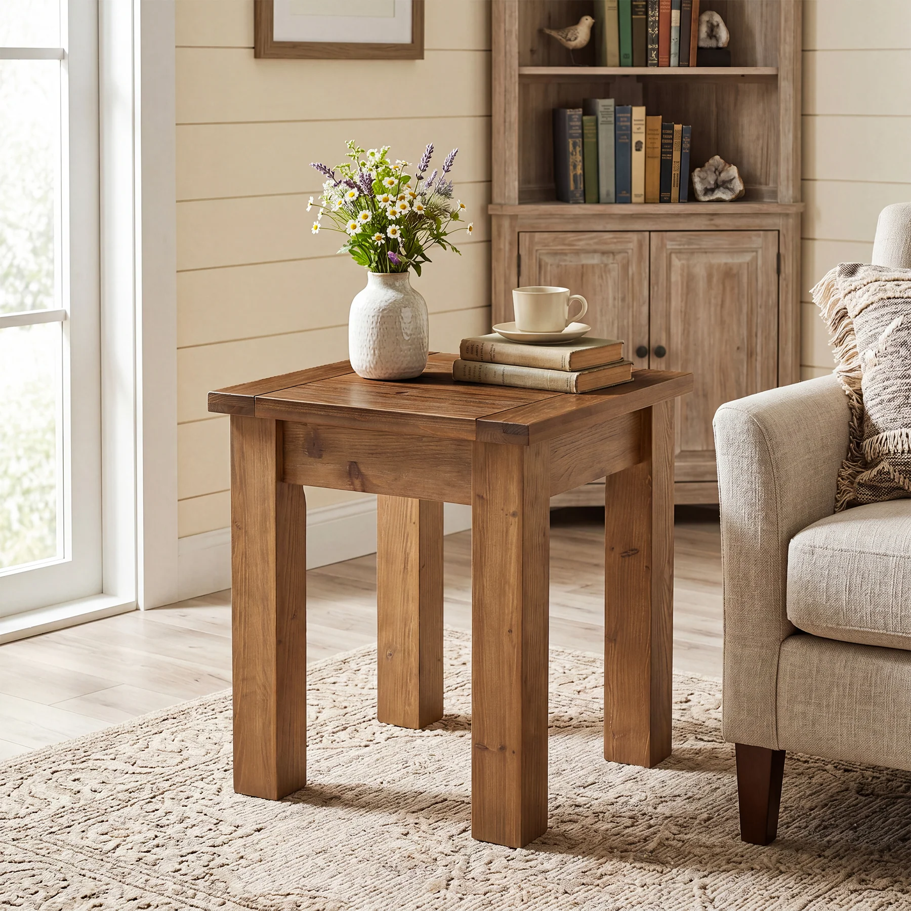 Square Solid Wood Side Table, Farmhouse End Tale with Stable Legs for Small Spaces - Image 3