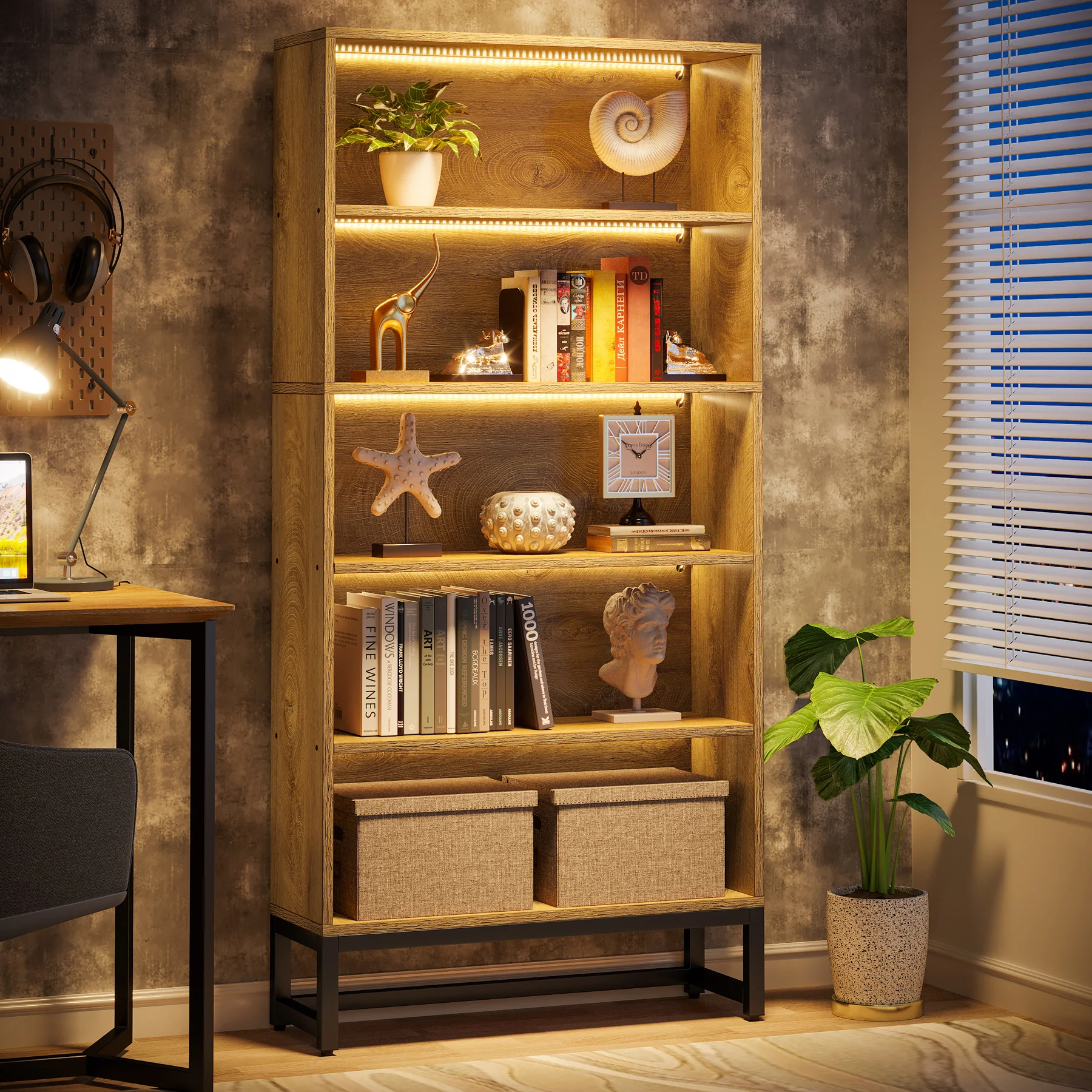 Tall Bookcase Black Bookshelf, 70.8” Large Bookcases Organizer with LED Lights - Image 10