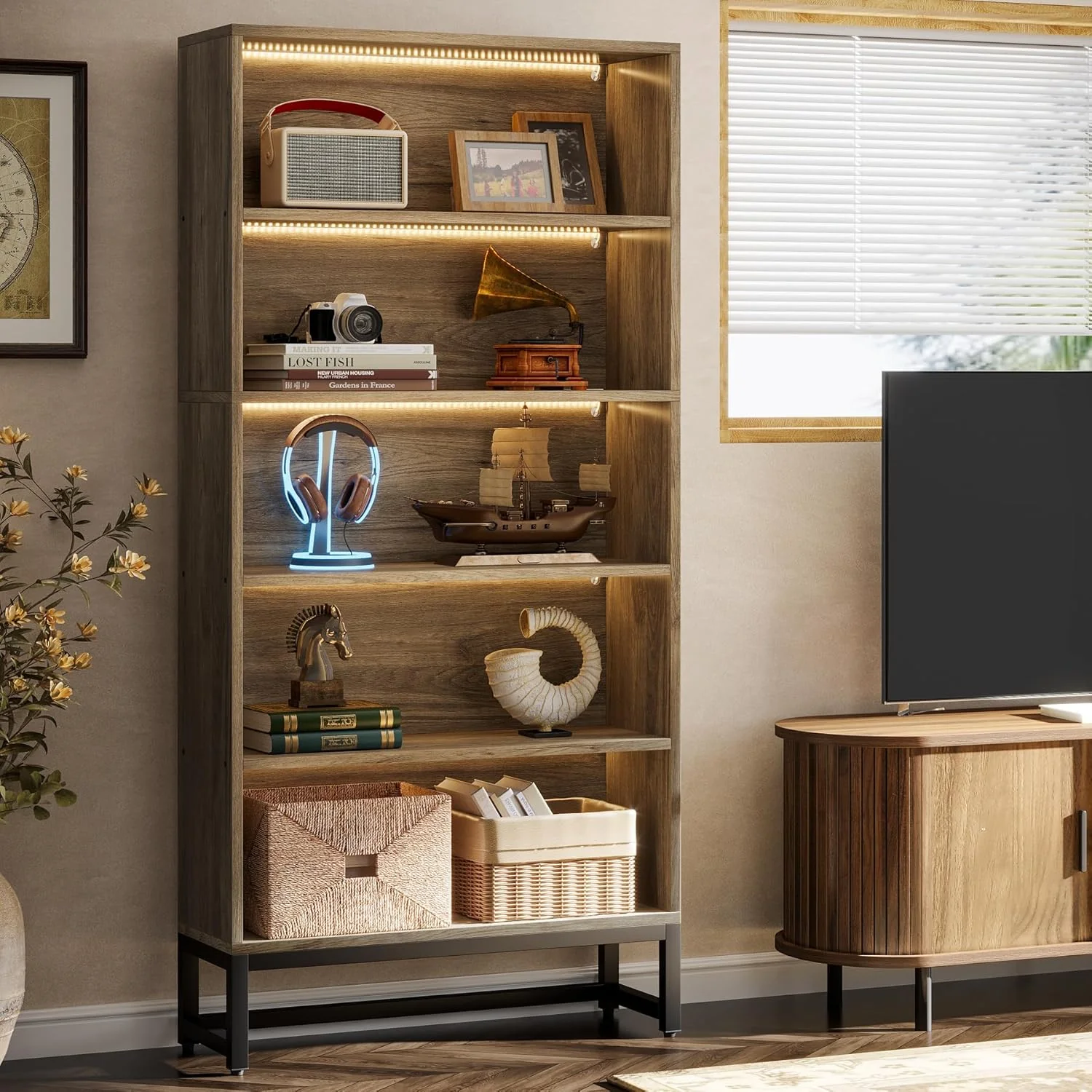 Tall Bookcase Black Bookshelf, 70.8” Large Bookcases Organizer with LED Lights - Image 17