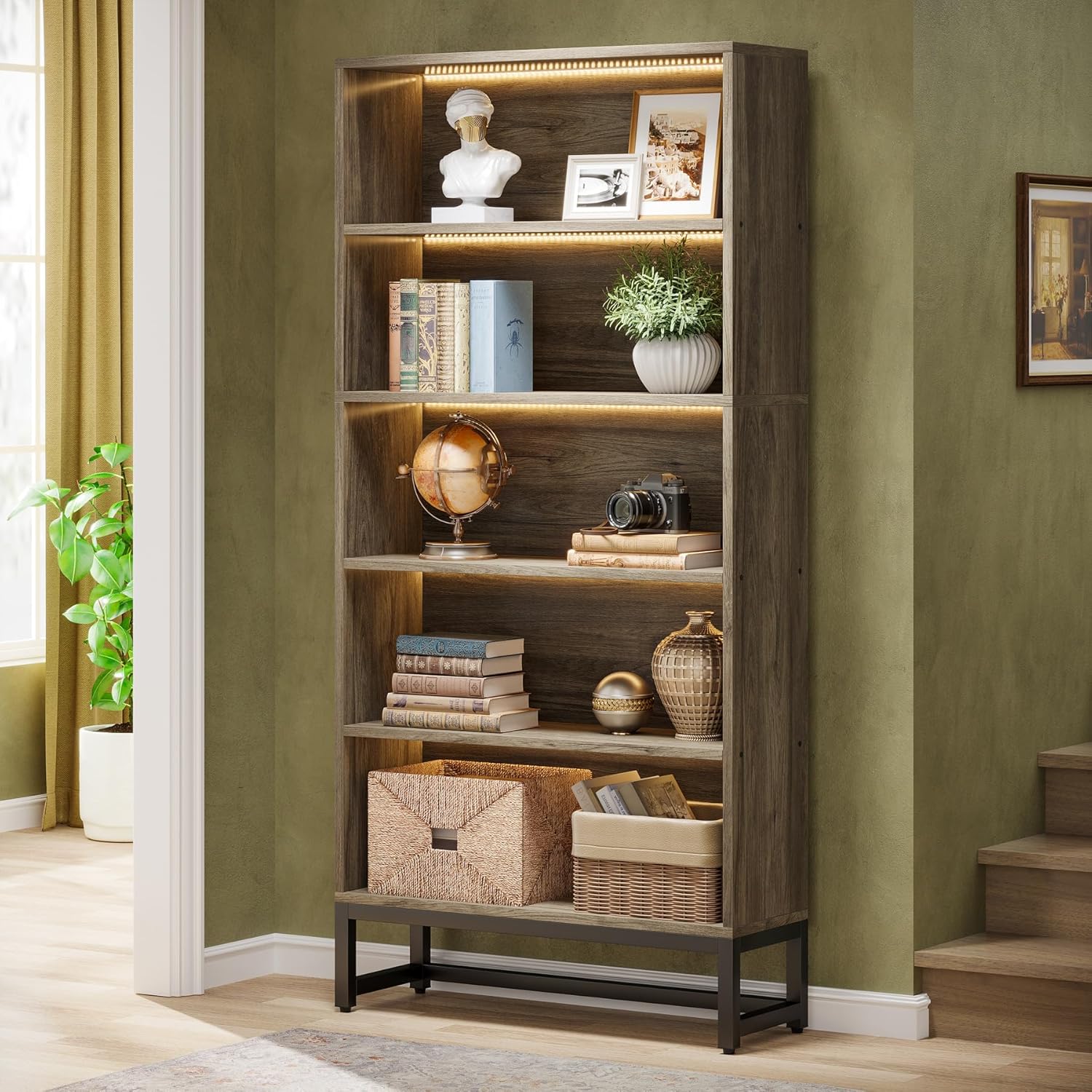 Tall Bookcase Black Bookshelf, 70.8” Large Bookcases Organizer with LED Lights - Image 18