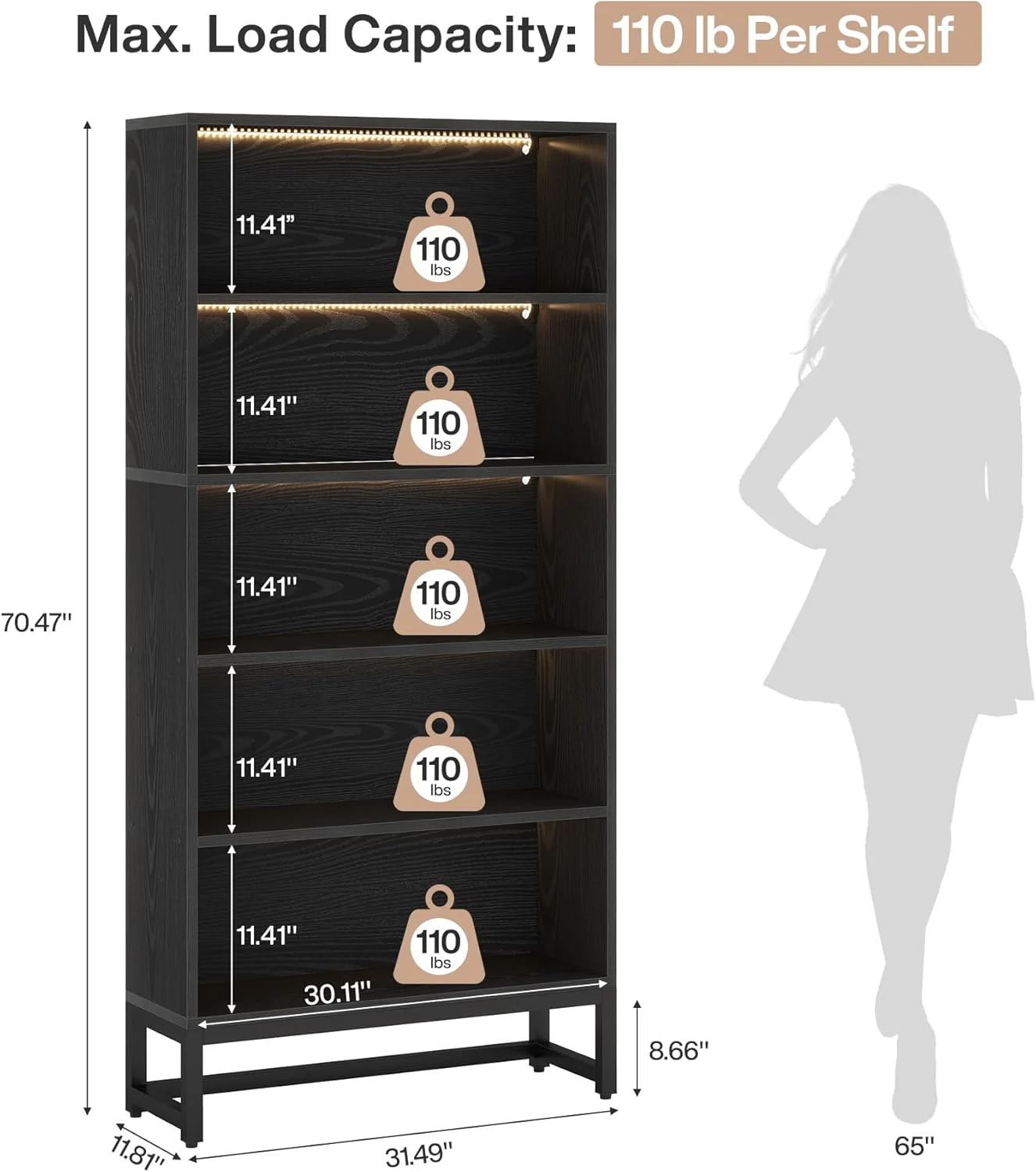 Tall Bookcase Black Bookshelf, 70.8” Large Bookcases Organizer with LED Lights - Image 2