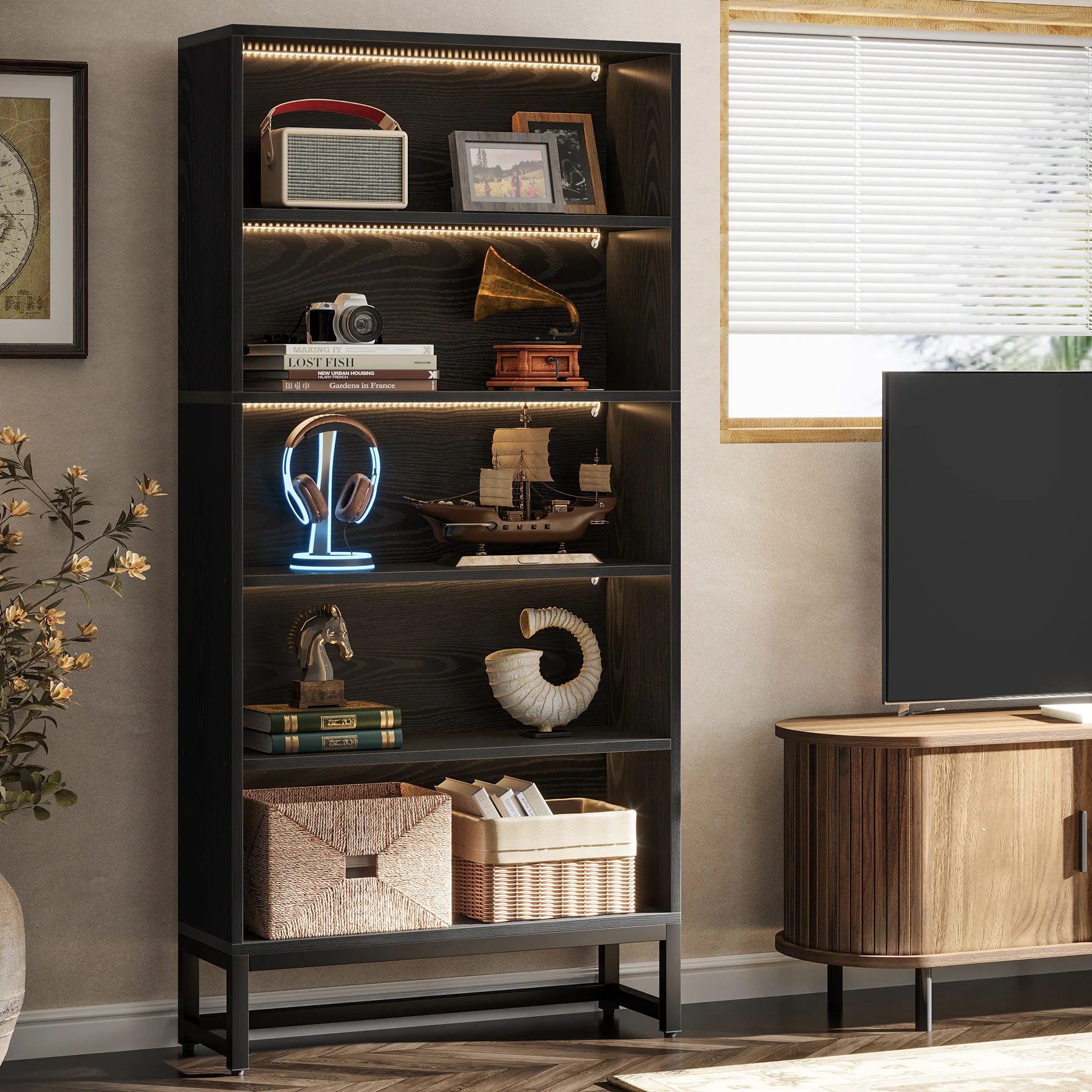 70.8" Bookcase, Large Bookshelf Organizer with 5-Tier Storage Shelves - Image 3