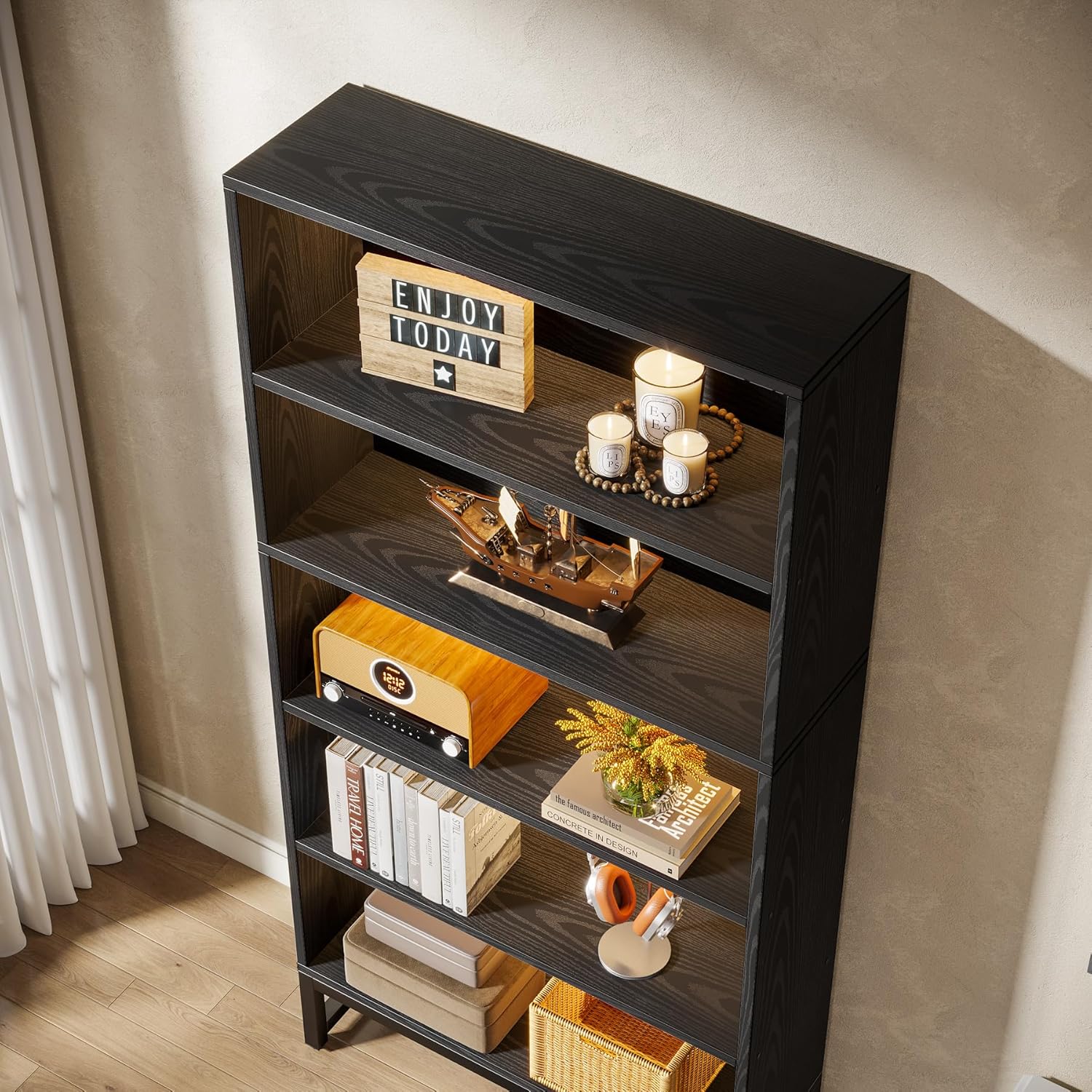 Tall Bookcase Black Bookshelf, 70.8” Large Bookcases Organizer with LED Lights - Image 5