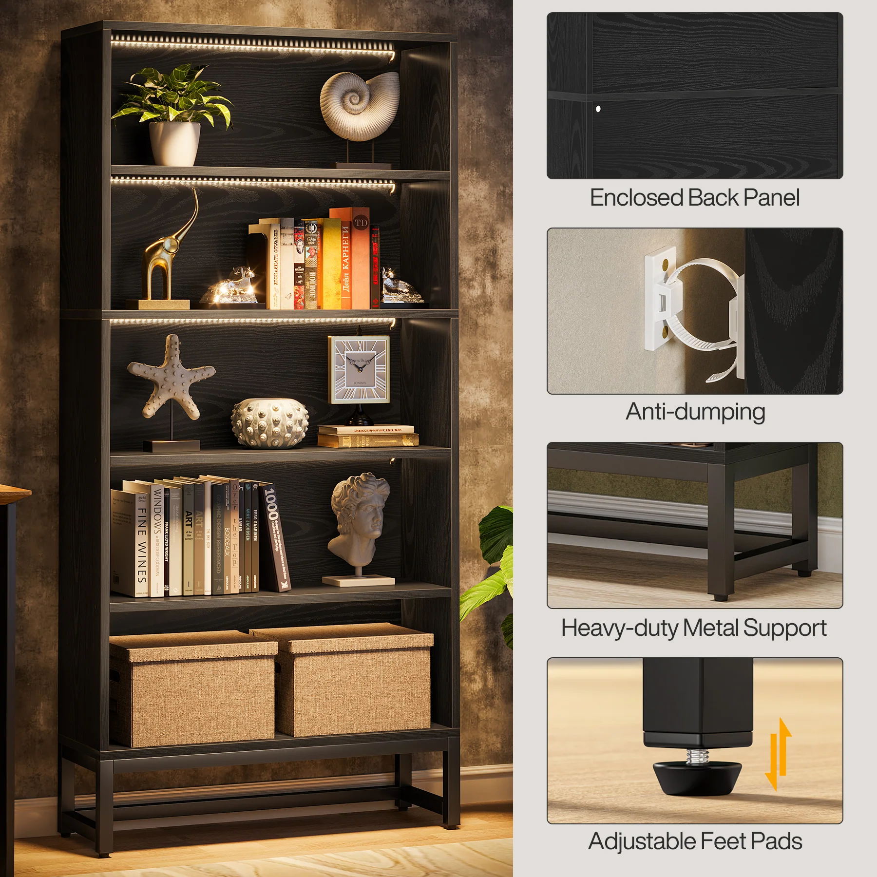 70.8" Bookcase, Large Bookshelf Organizer with 5-Tier Storage Shelves - Image 4