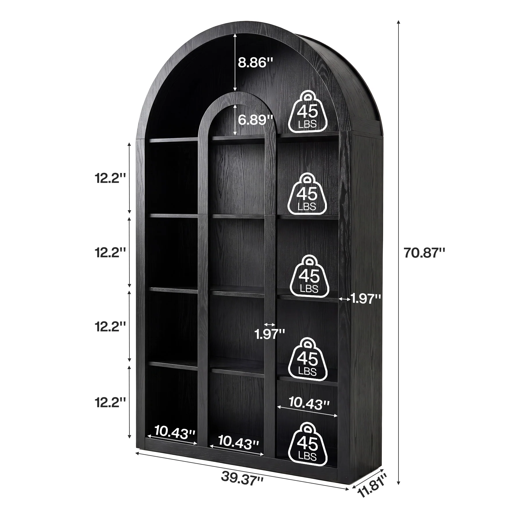 70.87" Tall Bookshelf, 5-Tier Arched Bookcase with Open Shelves for Living Room - Image 12