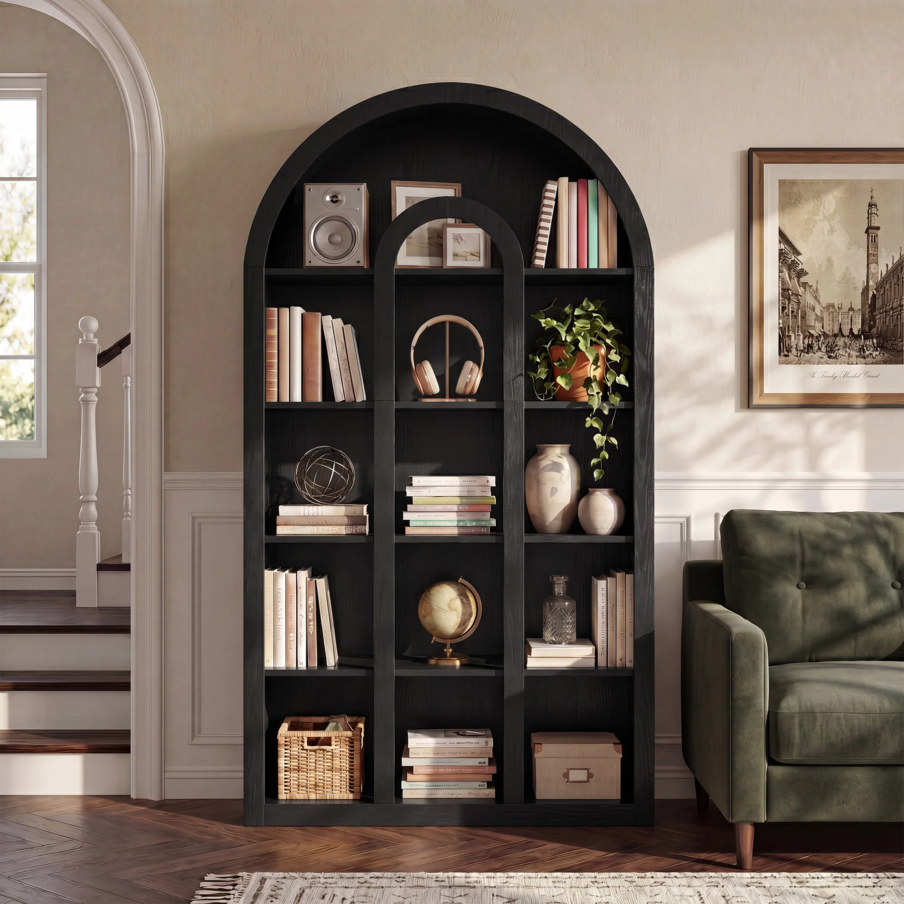 70.87" Tall Bookshelf, 5-Tier Arched Bookcase with Open Shelves for Living Room - Image 16